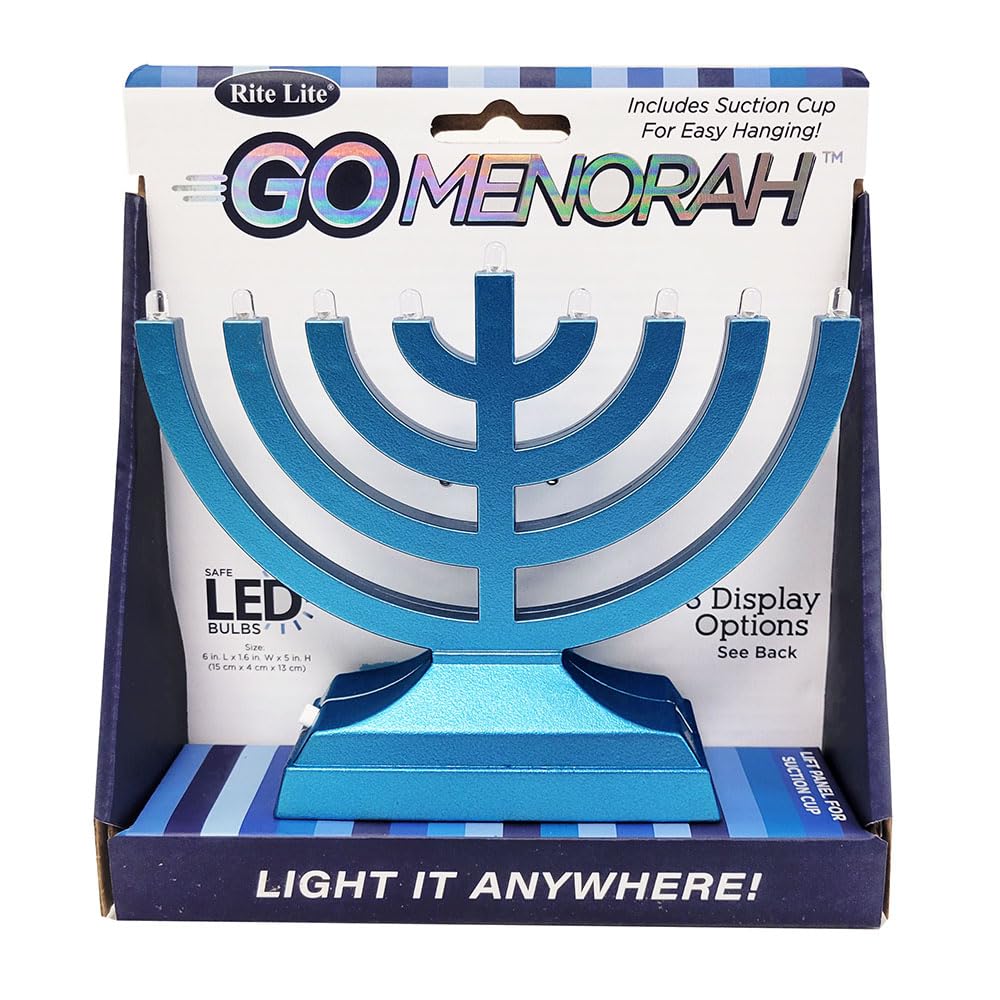Rite Lite Go Menorah Mini Metallic Electric Menorah - LED Battery/USB Powered Chanukah Menorah Jewish Holiday - Office Car Home Decorations Judaica Hanukkah Gifts, Push Button Multi Light - Blue