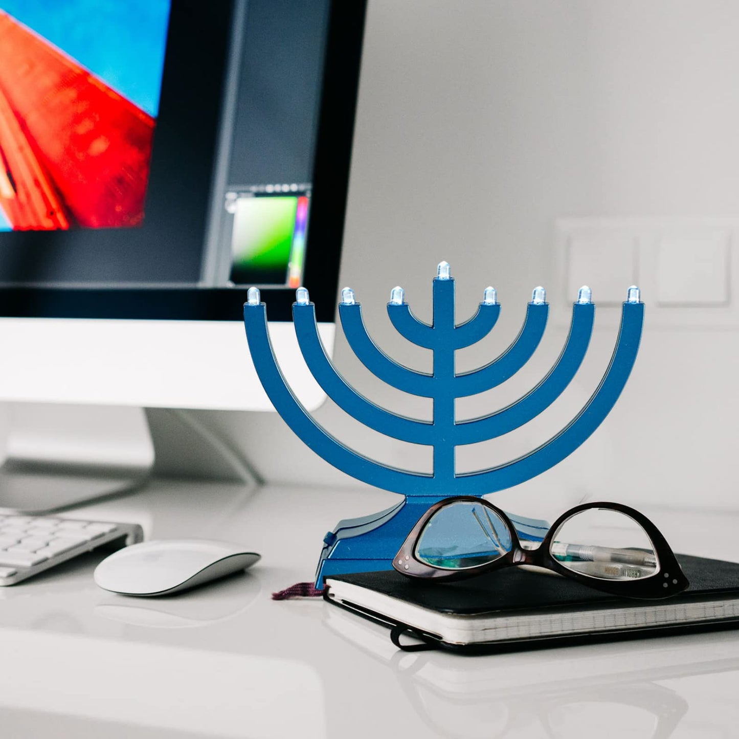 Rite Lite Go Menorah Mini Metallic Electric Menorah - LED Battery/USB Powered Chanukah Menorah Jewish Holiday - Office Car Home Decorations Judaica Hanukkah Gifts, Push Button Multi Light - Blue