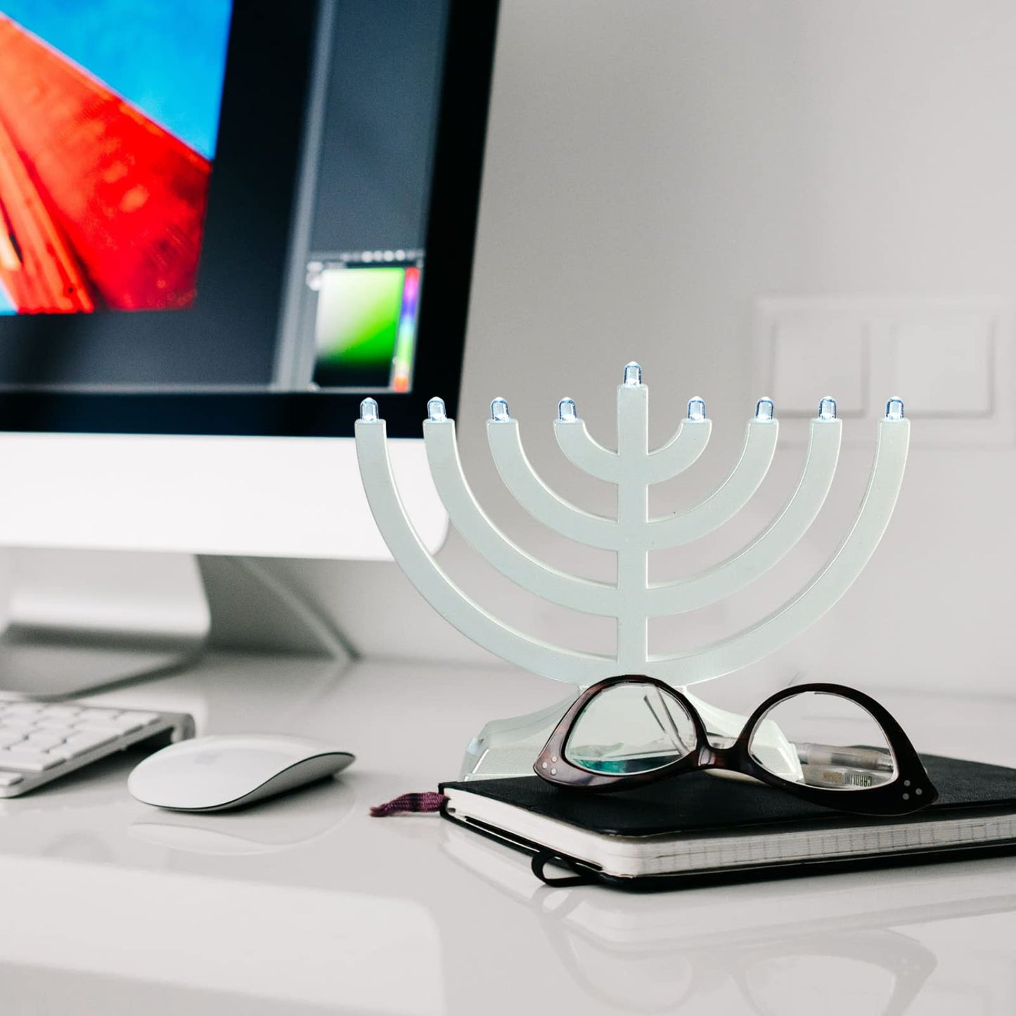 Rite Lite Go Menorah Mini Metallic Electric Menorah - LED Battery/USB Powered Chanukah Menorah Jewish Holiday - Office Car Home Decorations Judaica Hanukkah Gifts, Push Button Multi Light - Blue