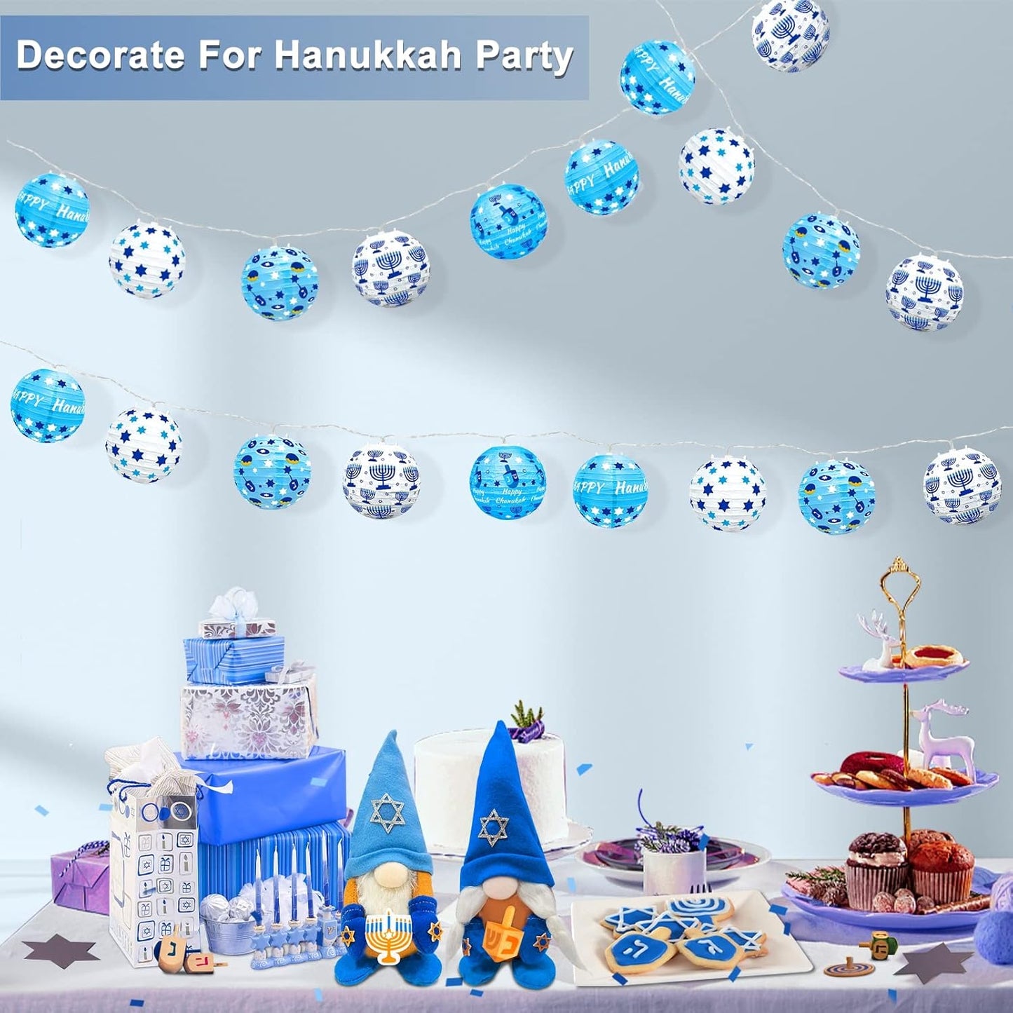 TURNMEON 9FT 10LED Hanukkah Decorations Hanukkah Lights Battery Operated Chanukah String Lights 3 Inch Hanukkah Round Paper Lanterns String Lights Chanukah Decoration Jewsih Decor Judaism Party Indoor