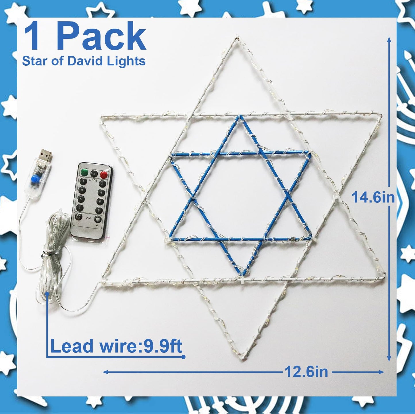 Hanukkah Window Silhouette Lights, 8 Lighting Modes USB Powered White Blue Star of David Hanging Chanukkah Lights with Iron Frame 11.8 x 10 Inch, 40 LEDs for Indoor Decor(1PACK)