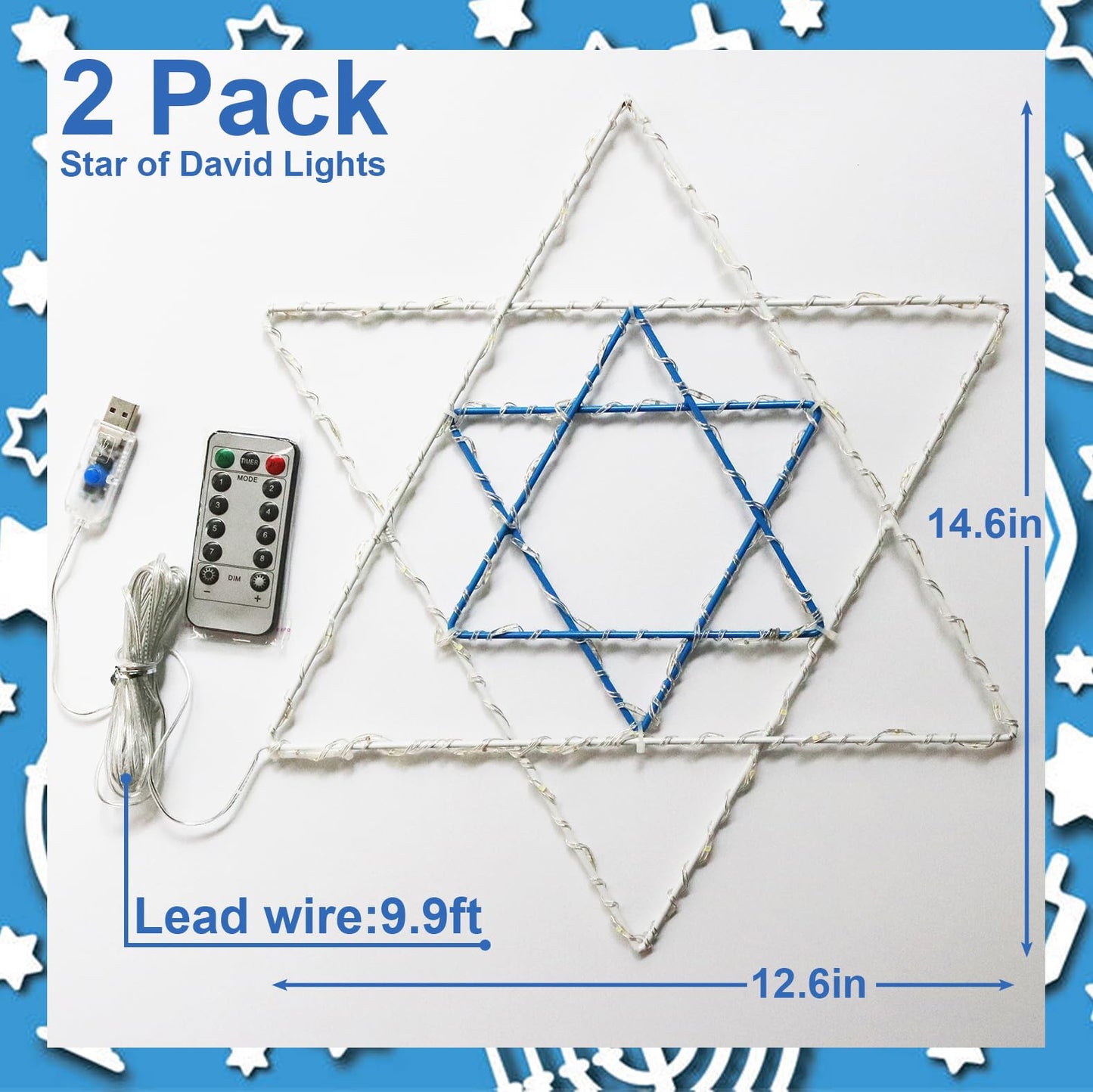 Hanukkah Window Silhouette Lights, 8 Lighting Modes USB Powered White Blue Star of David Hanging Chanukkah Lights with Iron Frame 11.8 x 10 Inch, 40 LEDs for Indoor Decor(1PACK)