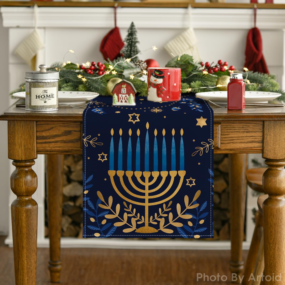 Artoid Mode Watercolor Star Olives Hanukkah Table Runner, Seasonal Chanukah Menorah Kitchen Dining Table Decoration for Outdoor Home Party 13x72 Inch