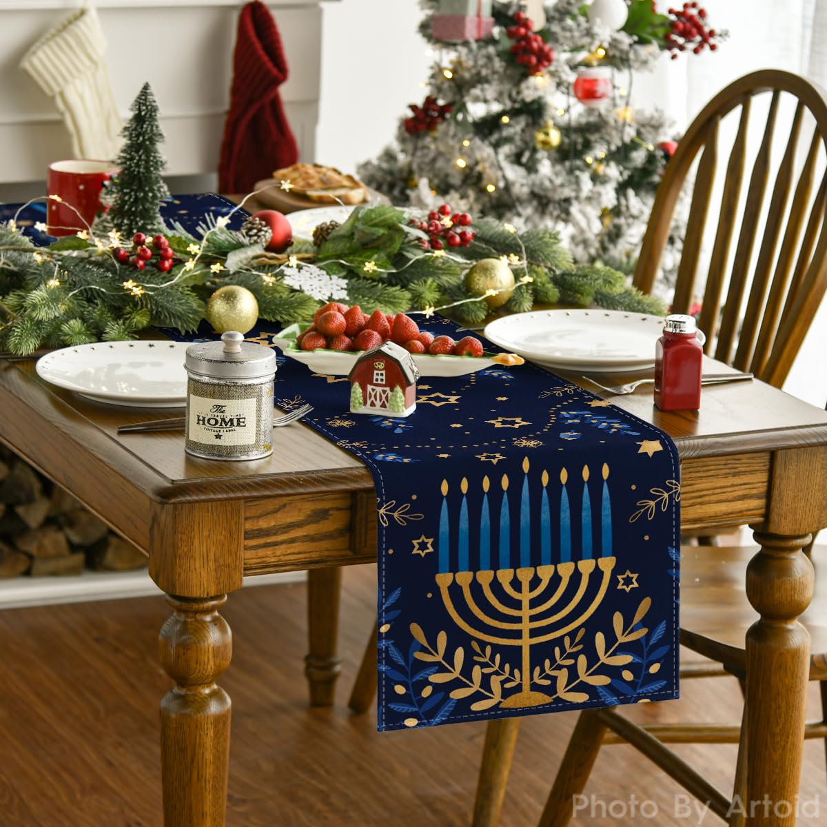 Artoid Mode Watercolor Star Olives Hanukkah Table Runner, Seasonal Chanukah Menorah Kitchen Dining Table Decoration for Outdoor Home Party 13x72 Inch