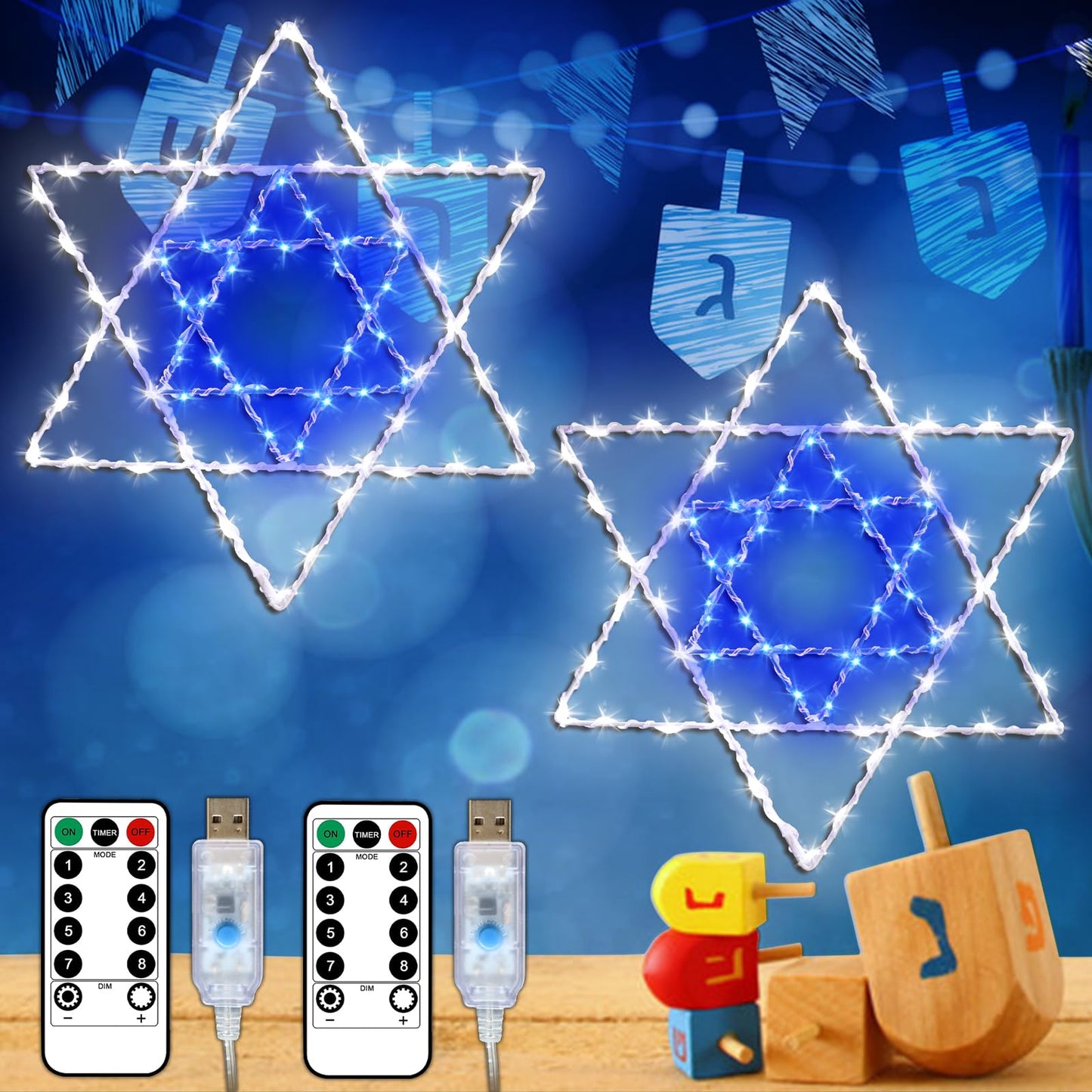 Hanukkah Window Silhouette Lights, 8 Lighting Modes USB Powered White Blue Star of David Hanging Chanukkah Lights with Iron Frame 11.8 x 10 Inch, 40 LEDs for Indoor Decor(1PACK)