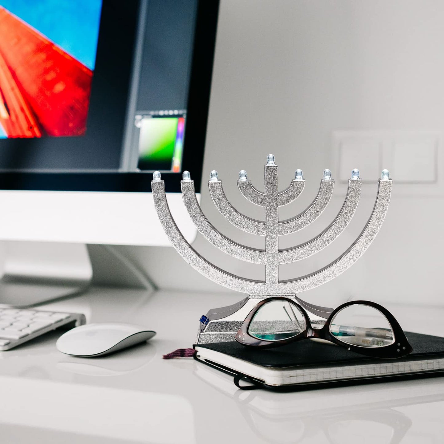Rite Lite Go Menorah Mini Metallic Electric Menorah - LED Battery/USB Powered Chanukah Menorah Jewish Holiday - Office Car Home Decorations Judaica Hanukkah Gifts, Push Button Multi Light - Blue