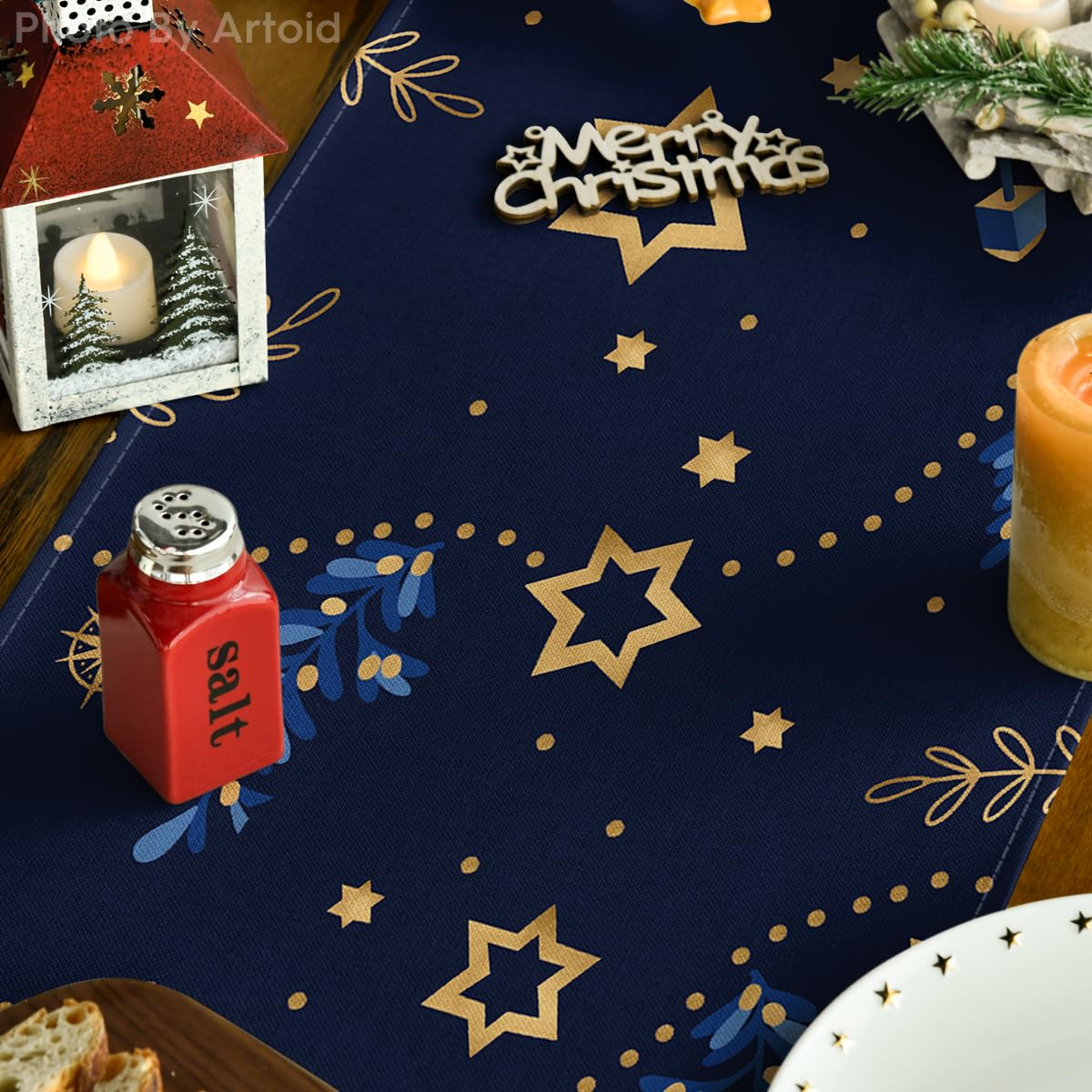 Artoid Mode Watercolor Star Olives Hanukkah Table Runner, Seasonal Chanukah Menorah Kitchen Dining Table Decoration for Outdoor Home Party 13x72 Inch