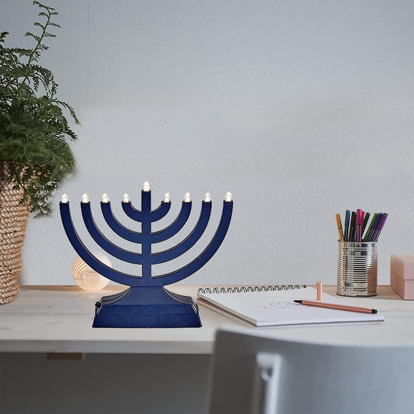 Rite Lite Go Menorah Mini Metallic Electric Menorah - LED Battery/USB Powered Chanukah Menorah Jewish Holiday - Office Car Home Decorations Judaica Hanukkah Gifts, Push Button Multi Light - Blue