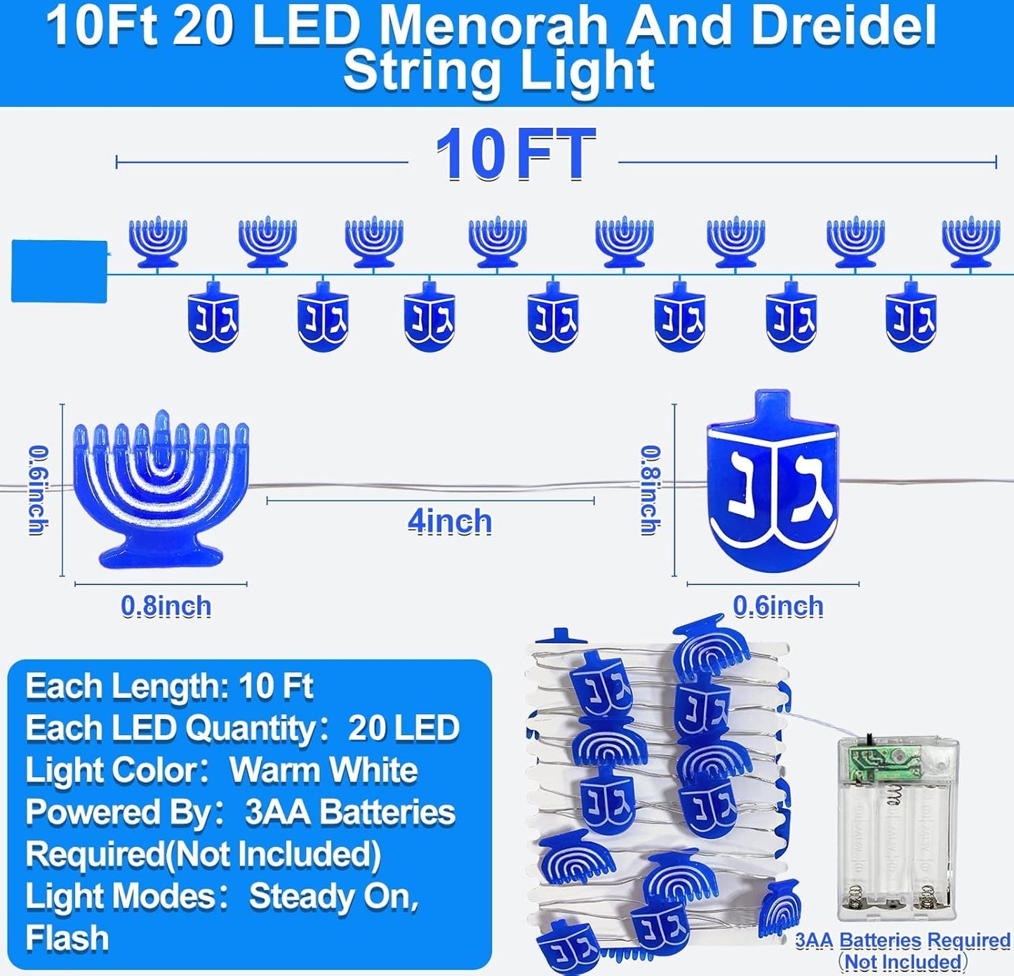 TURNMEON Timer 10 Ft 20 LED Hanukkah Decorations Menorah Dreidel String Lights Blue Fairy Twinkle Lights Battery Operated for Jewish Jews Synagogue Judaism Bedroom Party Candelabra Chanukah Decor