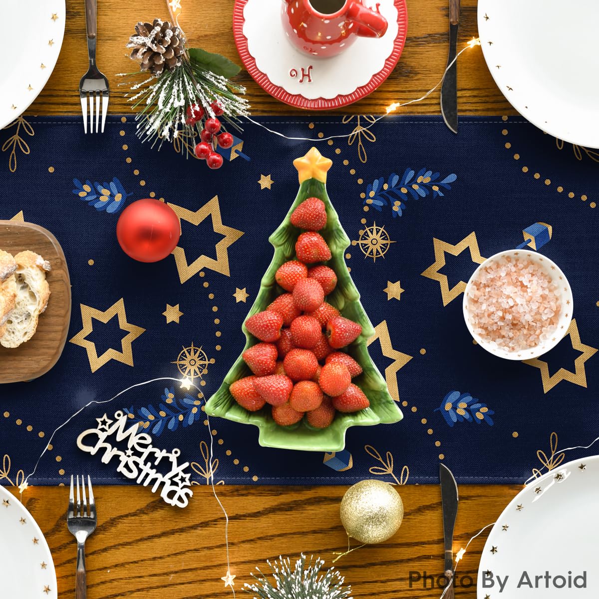 Artoid Mode Watercolor Star Olives Hanukkah Table Runner, Seasonal Chanukah Menorah Kitchen Dining Table Decoration for Outdoor Home Party 13x72 Inch
