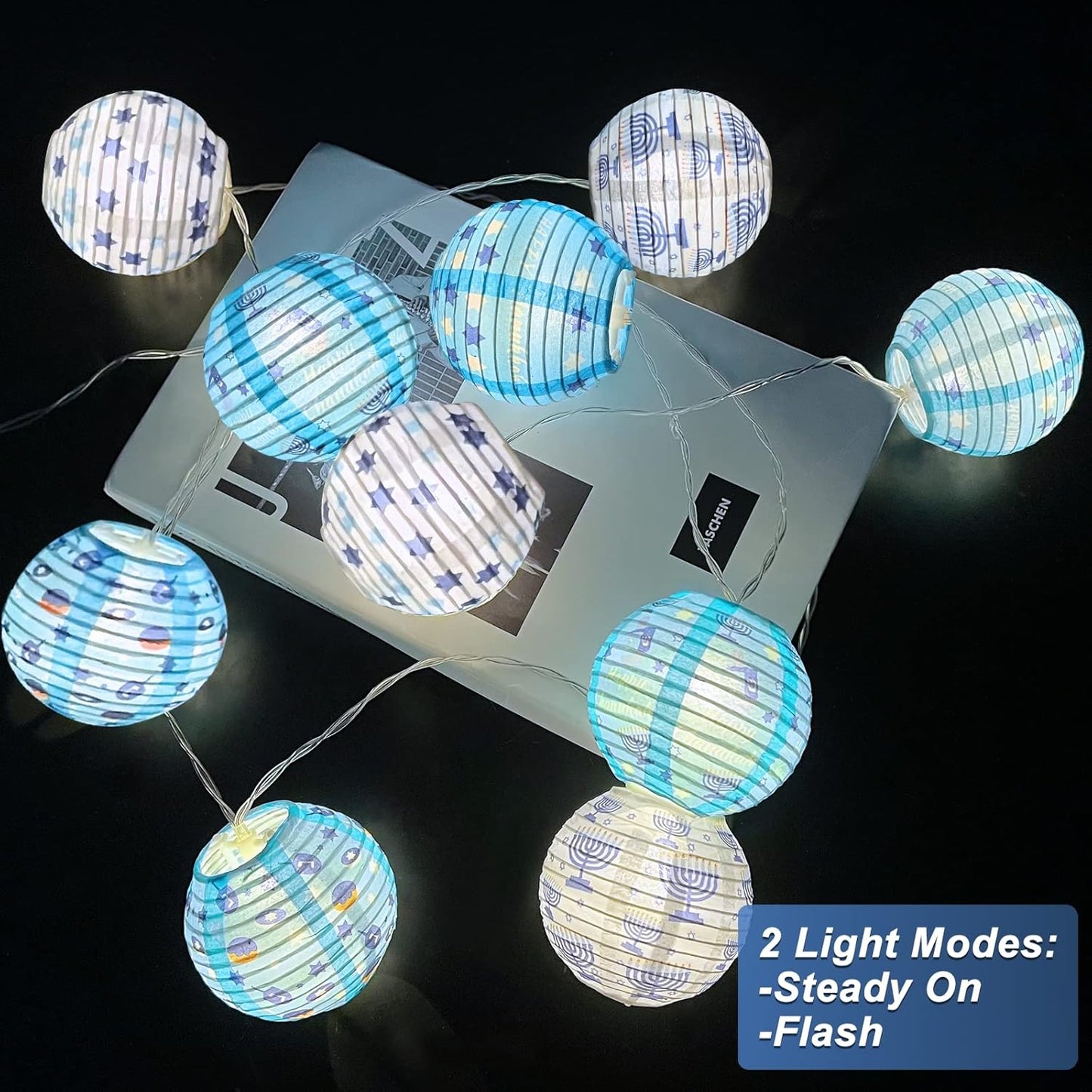TURNMEON 9FT 10LED Hanukkah Decorations Hanukkah Lights Battery Operated Chanukah String Lights 3 Inch Hanukkah Round Paper Lanterns String Lights Chanukah Decoration Jewsih Decor Judaism Party Indoor