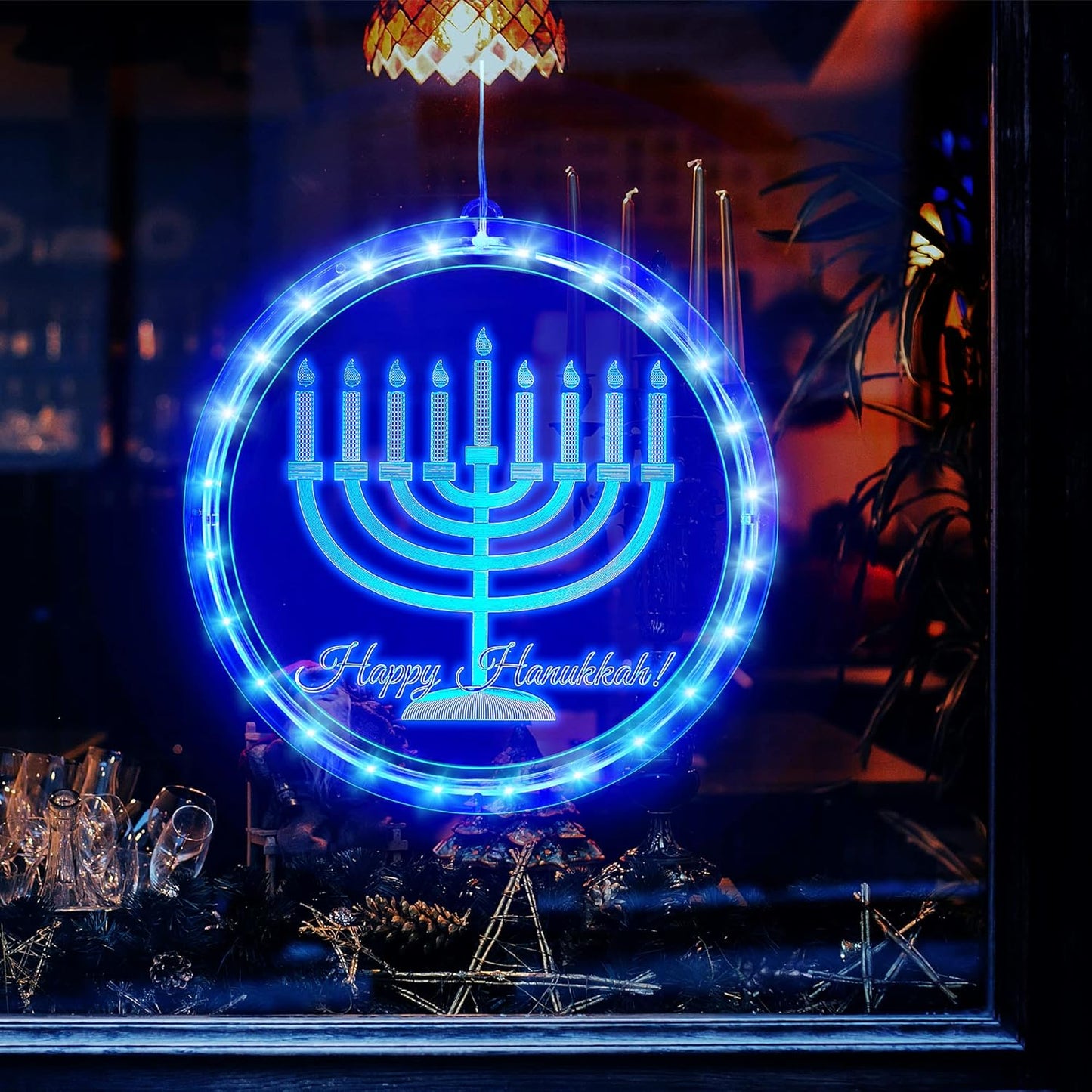 Hiboom Hanukkah Decorations Blue Chanukah Window Lights Battery Operated Chanukah LED Lights for Jews Judaism Synagogue Passover Shabbat Christmas Home Ornament Indoor Outdoor Decor, Menorah Style