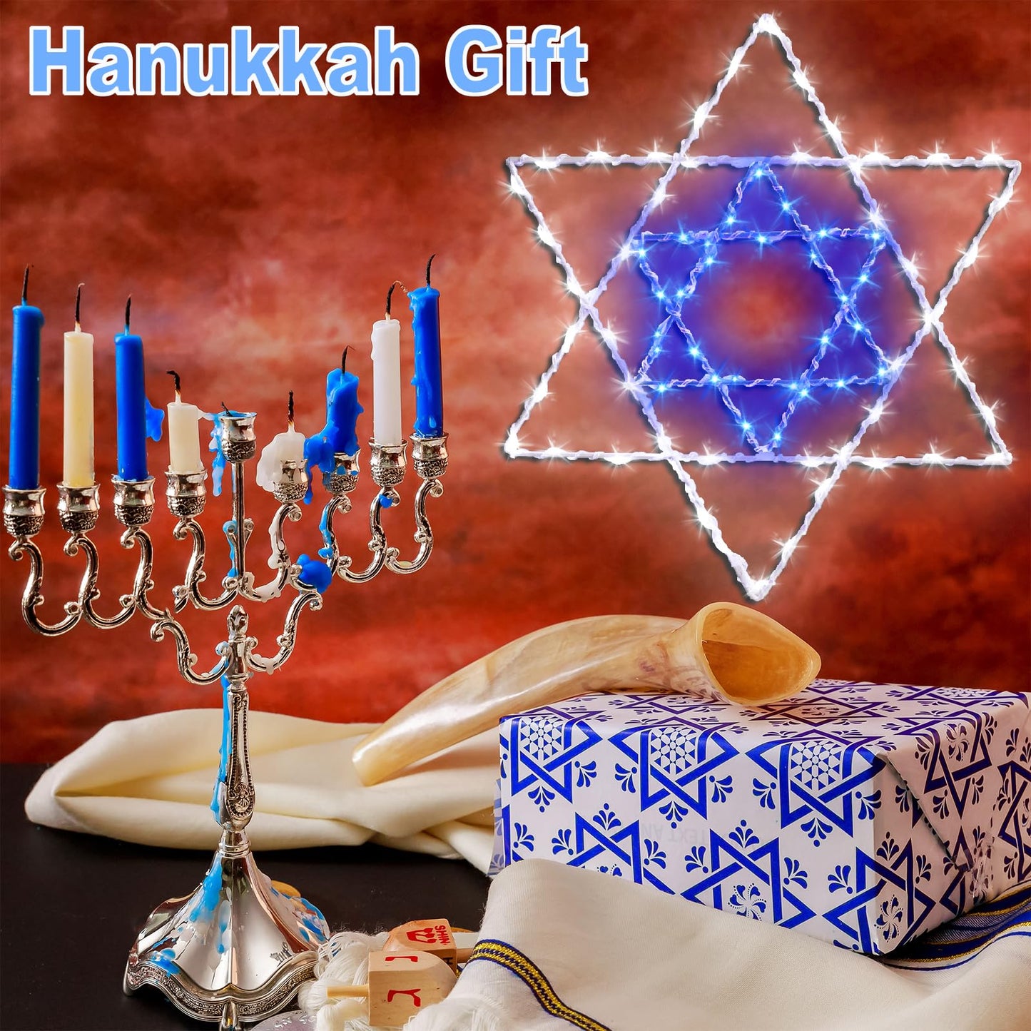 Hanukkah Window Silhouette Lights, 8 Lighting Modes USB Powered White Blue Star of David Hanging Chanukkah Lights with Iron Frame 11.8 x 10 Inch, 40 LEDs for Indoor Decor(1PACK)