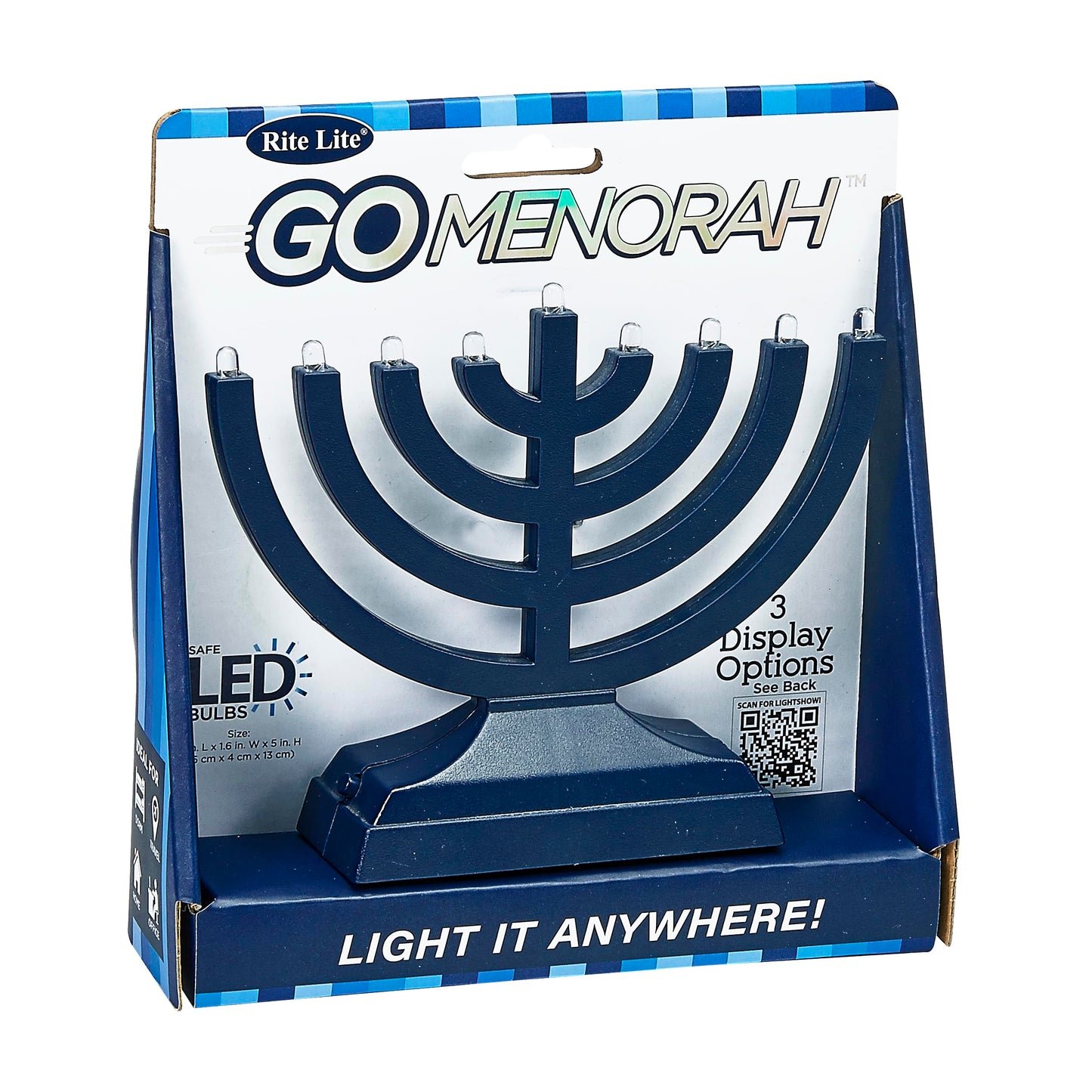 Rite Lite Go Menorah Mini Metallic Electric Menorah - LED Battery/USB Powered Chanukah Menorah Jewish Holiday - Office Car Home Decorations Judaica Hanukkah Gifts, Push Button Multi Light - Blue