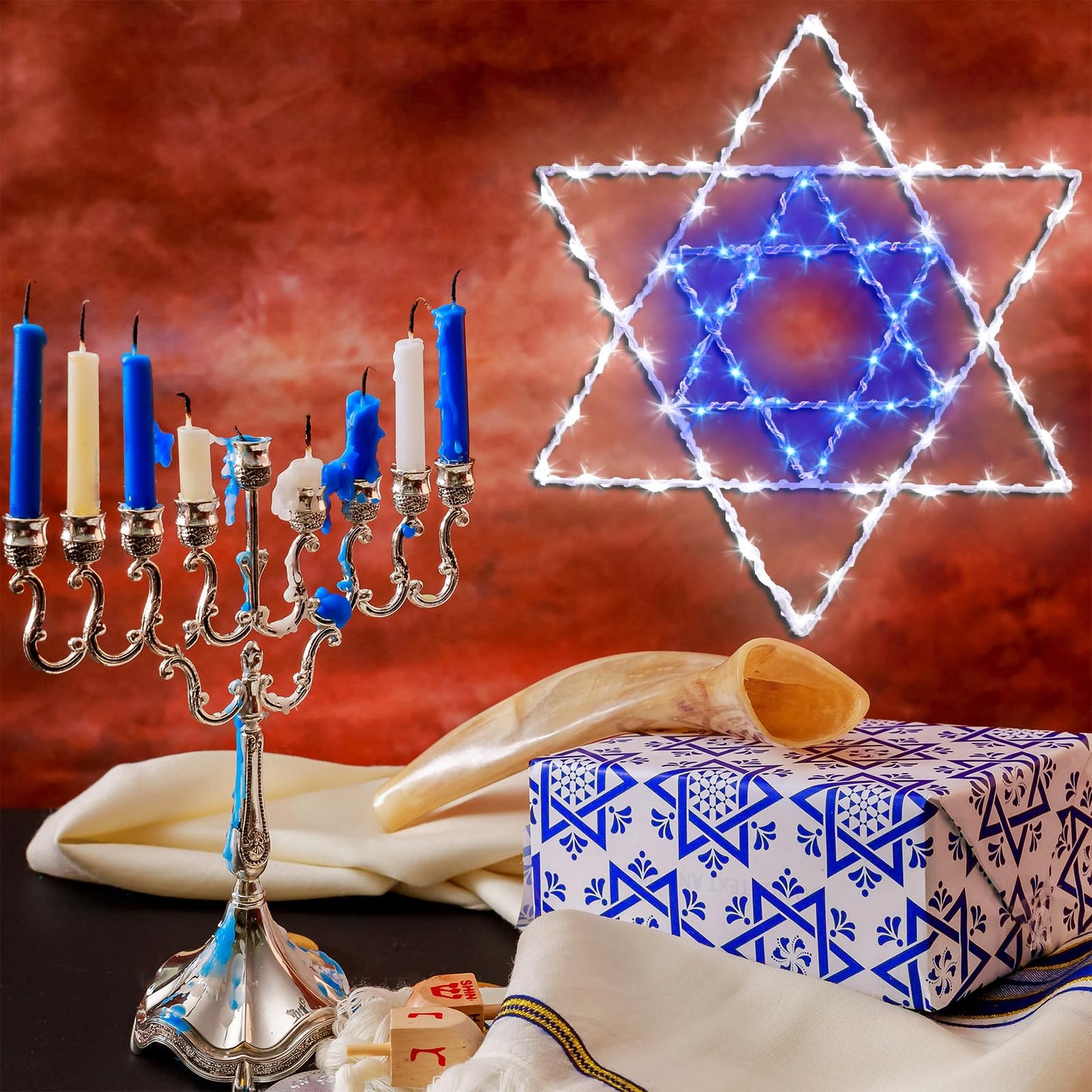 Hanukkah Window Silhouette Lights, 8 Lighting Modes USB Powered White Blue Star of David Hanging Chanukkah Lights with Iron Frame 11.8 x 10 Inch, 40 LEDs for Indoor Decor(1PACK)