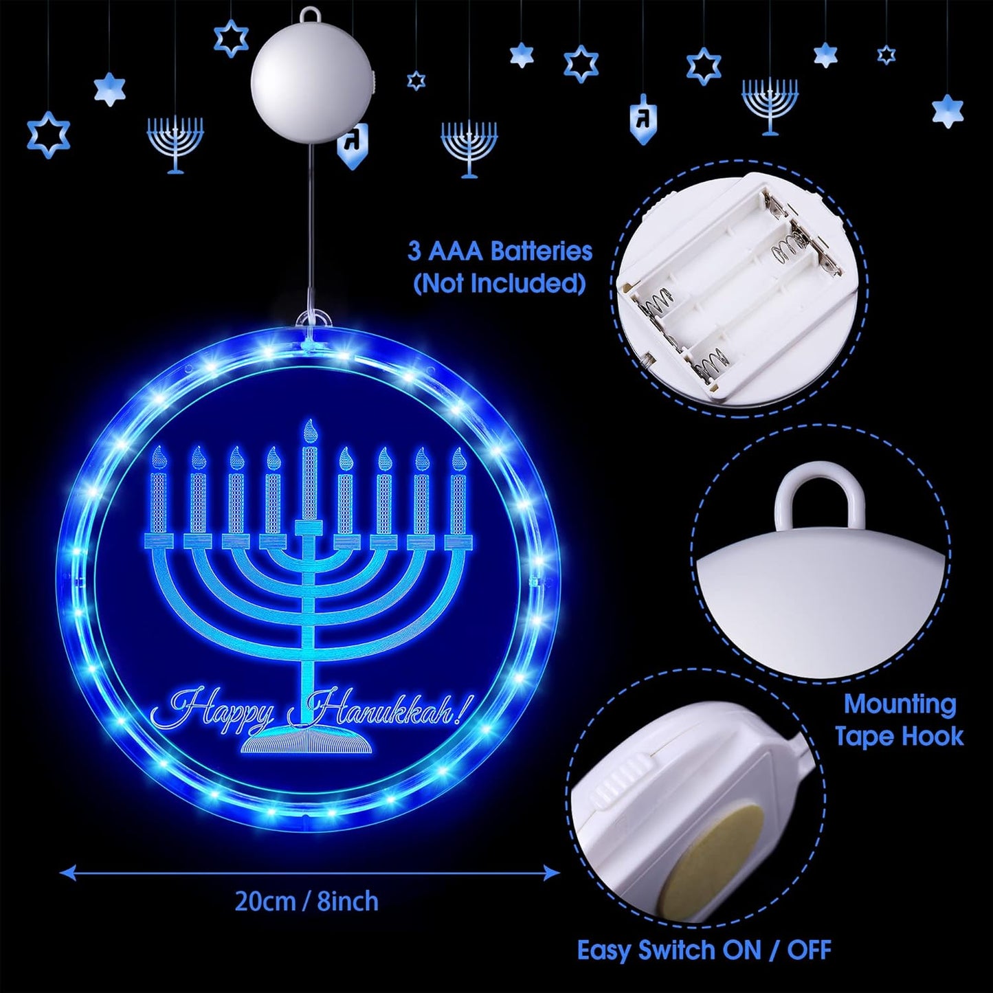 Hiboom Hanukkah Decorations Blue Chanukah Window Lights Battery Operated Chanukah LED Lights for Jews Judaism Synagogue Passover Shabbat Christmas Home Ornament Indoor Outdoor Decor, Menorah Style