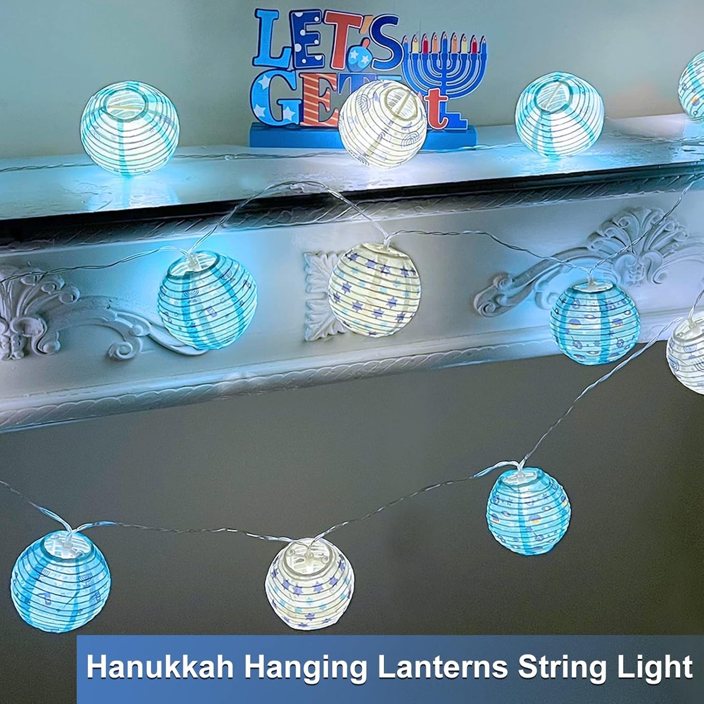 TURNMEON 9FT 10LED Hanukkah Decorations Hanukkah Lights Battery Operated Chanukah String Lights 3 Inch Hanukkah Round Paper Lanterns String Lights Chanukah Decoration Jewsih Decor Judaism Party Indoor
