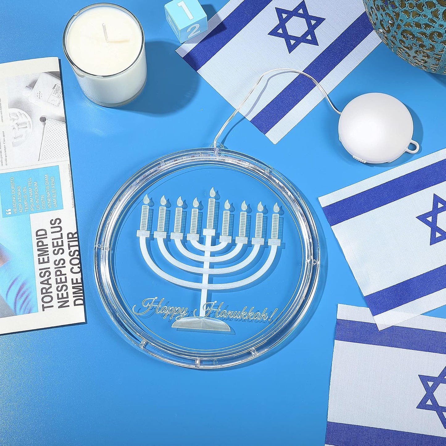 Hiboom Hanukkah Decorations Blue Chanukah Window Lights Battery Operated Chanukah LED Lights for Jews Judaism Synagogue Passover Shabbat Christmas Home Ornament Indoor Outdoor Decor, Menorah Style