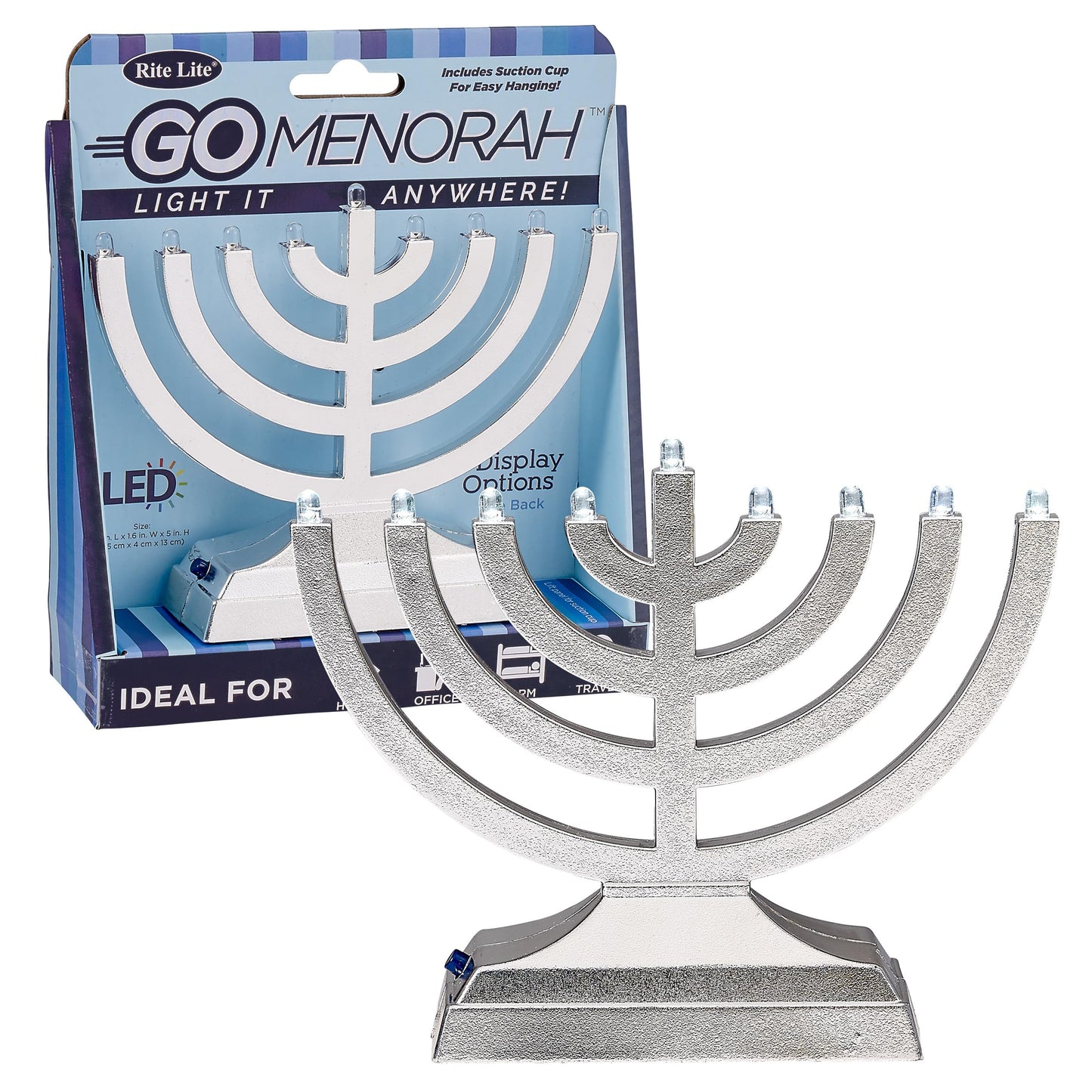 Rite Lite Go Menorah Mini Metallic Electric Menorah - LED Battery/USB Powered Chanukah Menorah Jewish Holiday - Office Car Home Decorations Judaica Hanukkah Gifts, Push Button Multi Light - Blue