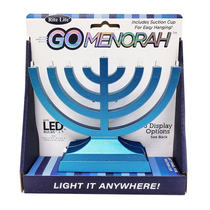 Rite Lite Go Menorah Mini Metallic Electric Menorah - LED Battery/USB Powered Chanukah Menorah Jewish Holiday - Office Car Home Decorations Judaica Hanukkah Gifts, Push Button Multi Light - Blue