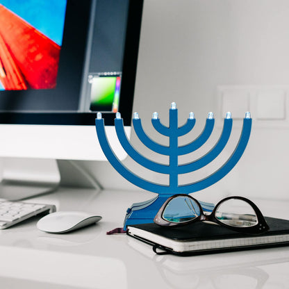 Rite Lite Go Menorah Mini Metallic Electric Menorah - LED Battery/USB Powered Chanukah Menorah Jewish Holiday - Office Car Home Decorations Judaica Hanukkah Gifts, Push Button Multi Light - Blue
