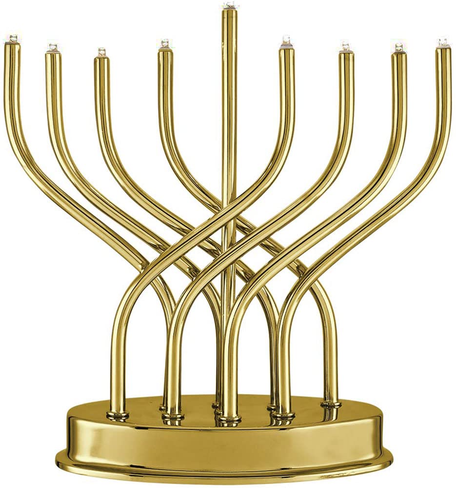 Traditional Hanukkah Electric Menorah Low Voltage Hanukkiah with LED Bulbs Contemporary Metal Electronic Chanukiah Battery Powered Chanukah Lights by Aviv Judaica (Shiny Gold/Brass)