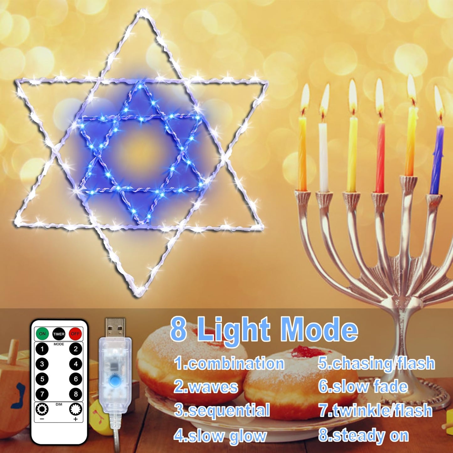 Hanukkah Window Silhouette Lights, 8 Lighting Modes USB Powered White Blue Star of David Hanging Chanukkah Lights with Iron Frame 11.8 x 10 Inch, 40 LEDs for Indoor Decor（1PACK）