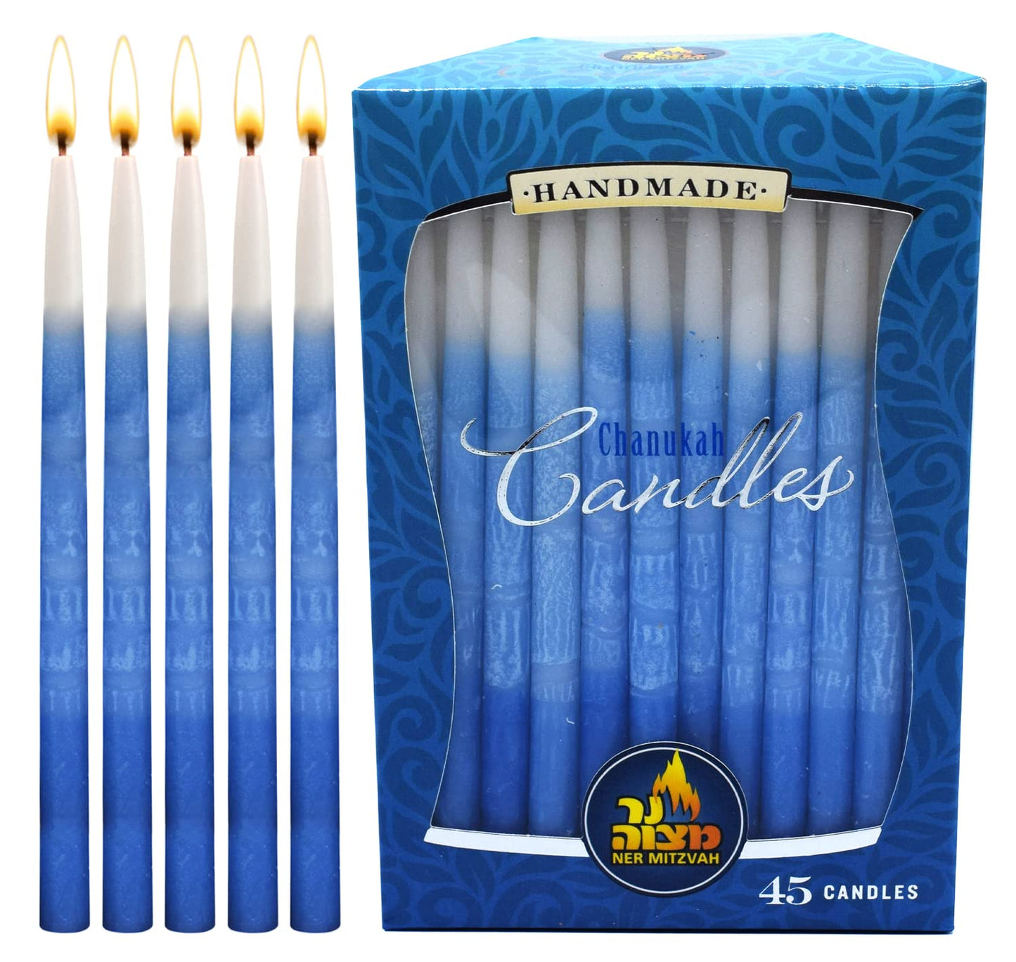 Dripless Chanukah Candles Standard Size - Decorated Ombre Blue & White Hanukkah Candles Fits Most Menorahs - Premium Quality Wax - 45 Count for All 8 Nights of Hanukkah - by Ner Mitzvah