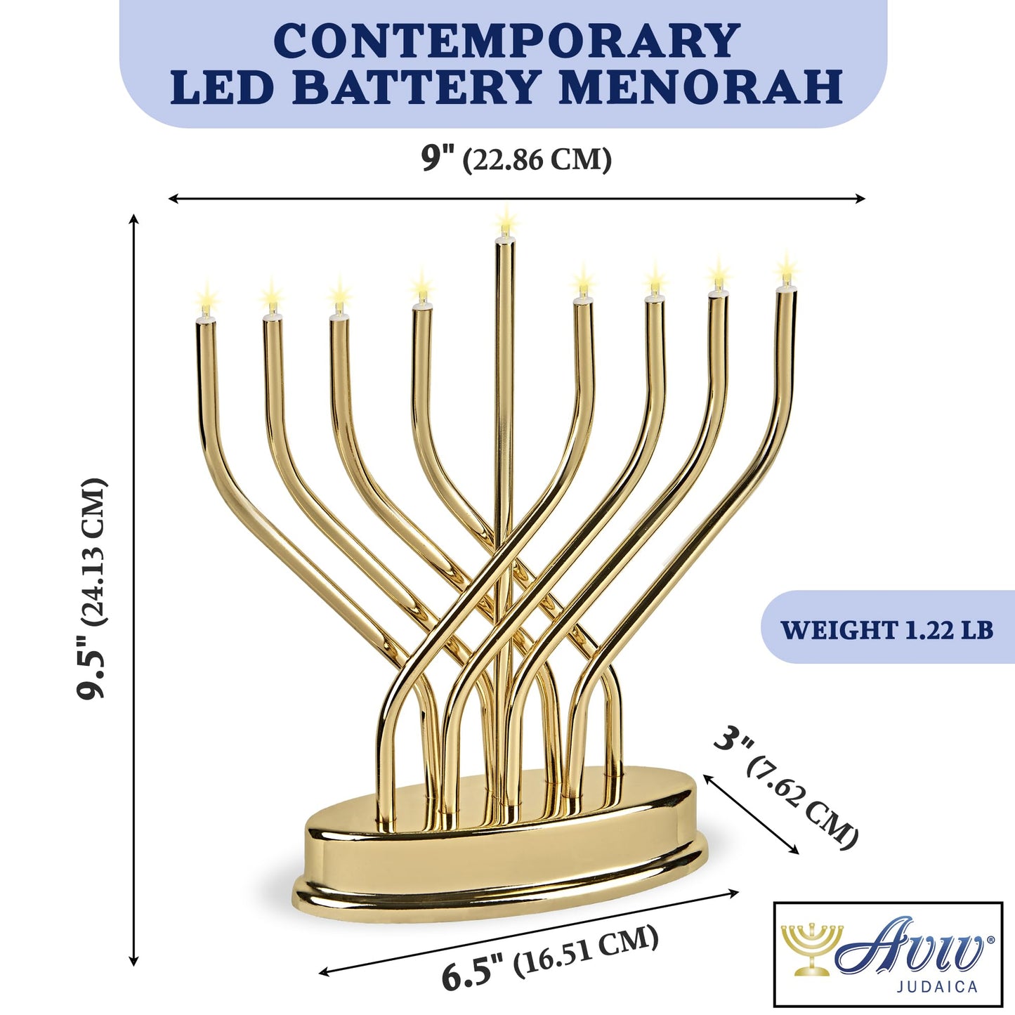 Traditional Hanukkah Electric Menorah Low Voltage Hanukkiah with LED Bulbs Contemporary Metal Electronic Chanukiah Battery Powered Chanukah Lights by Aviv Judaica (Shiny Gold/Brass)