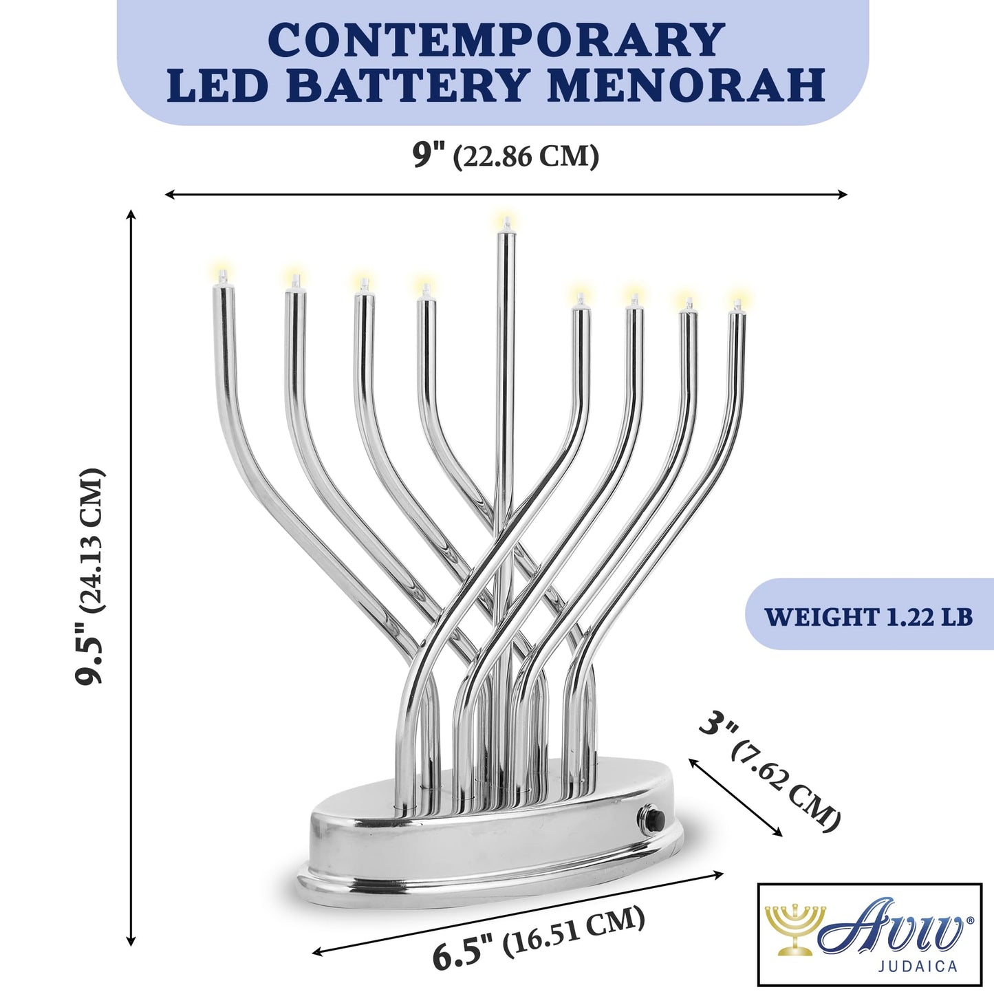 Traditional Hanukkah Electric Menorah Low Voltage Hanukkiah with LED Bulbs Contemporary Metal Electronic Chanukiah Battery Powered Chanukah Lights by Aviv Judaica (Shiny Gold/Brass)