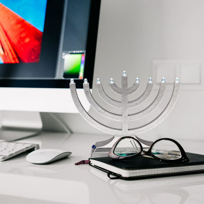 Rite Lite Go Menorah Mini Metallic Electric Menorah - LED Battery/USB Powered Chanukah Menorah Jewish Holiday - Office Car Home Decorations Judaica Hanukkah Gifts, Push Button Multi Light - Blue