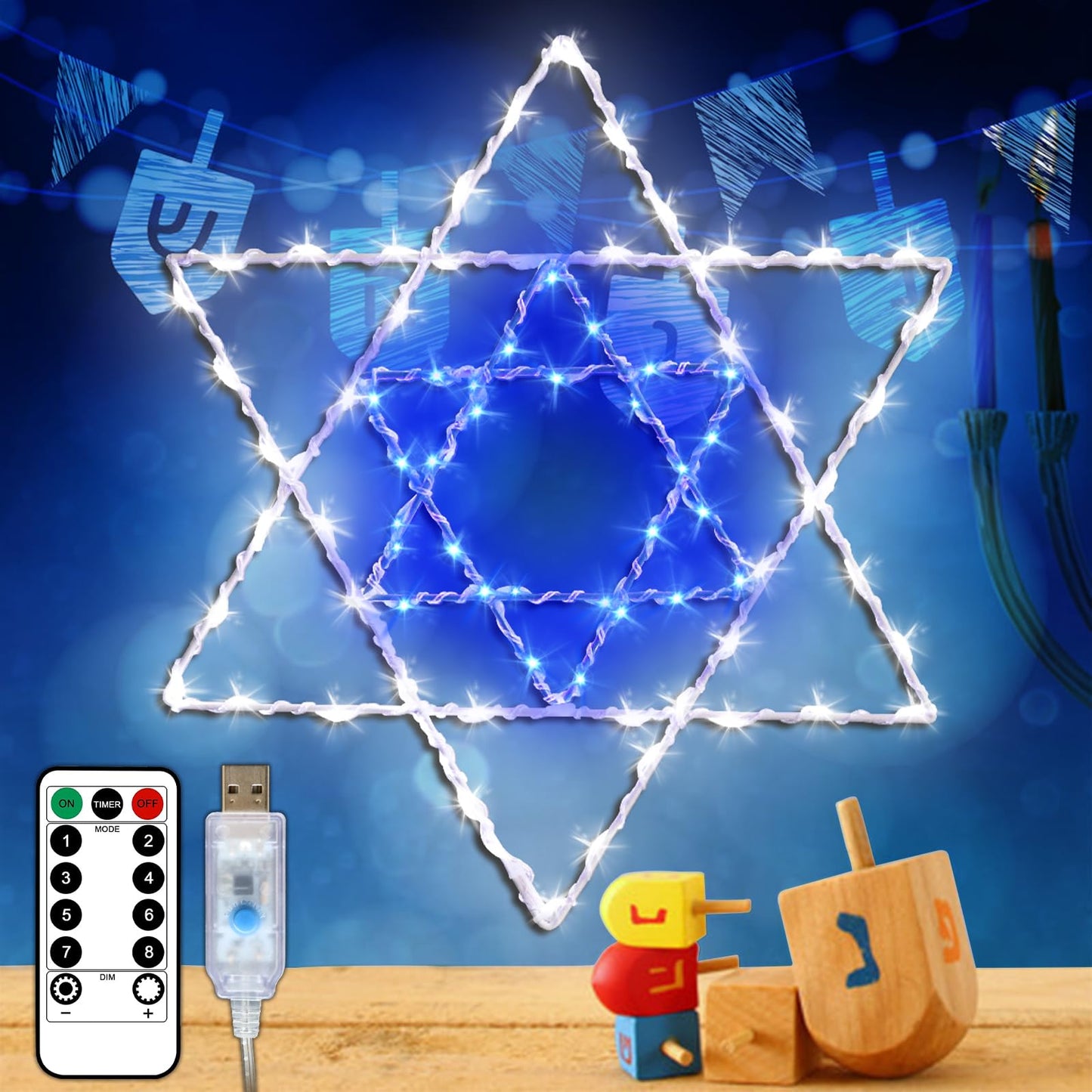 Hanukkah Window Silhouette Lights, 8 Lighting Modes USB Powered White Blue Star of David Hanging Chanukkah Lights with Iron Frame 11.8 x 10 Inch, 40 LEDs for Indoor Decor（1PACK）