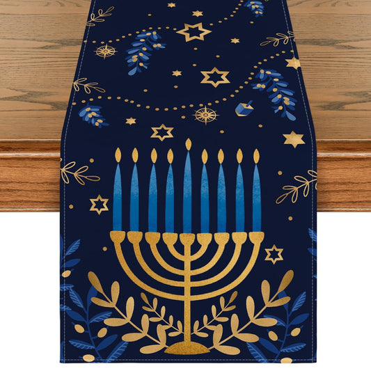 Artoid Mode Watercolor Star Olives Hanukkah Table Runner, Seasonal Chanukah Menorah Kitchen Dining Table Decoration for Outdoor Home Party 13x72 Inch