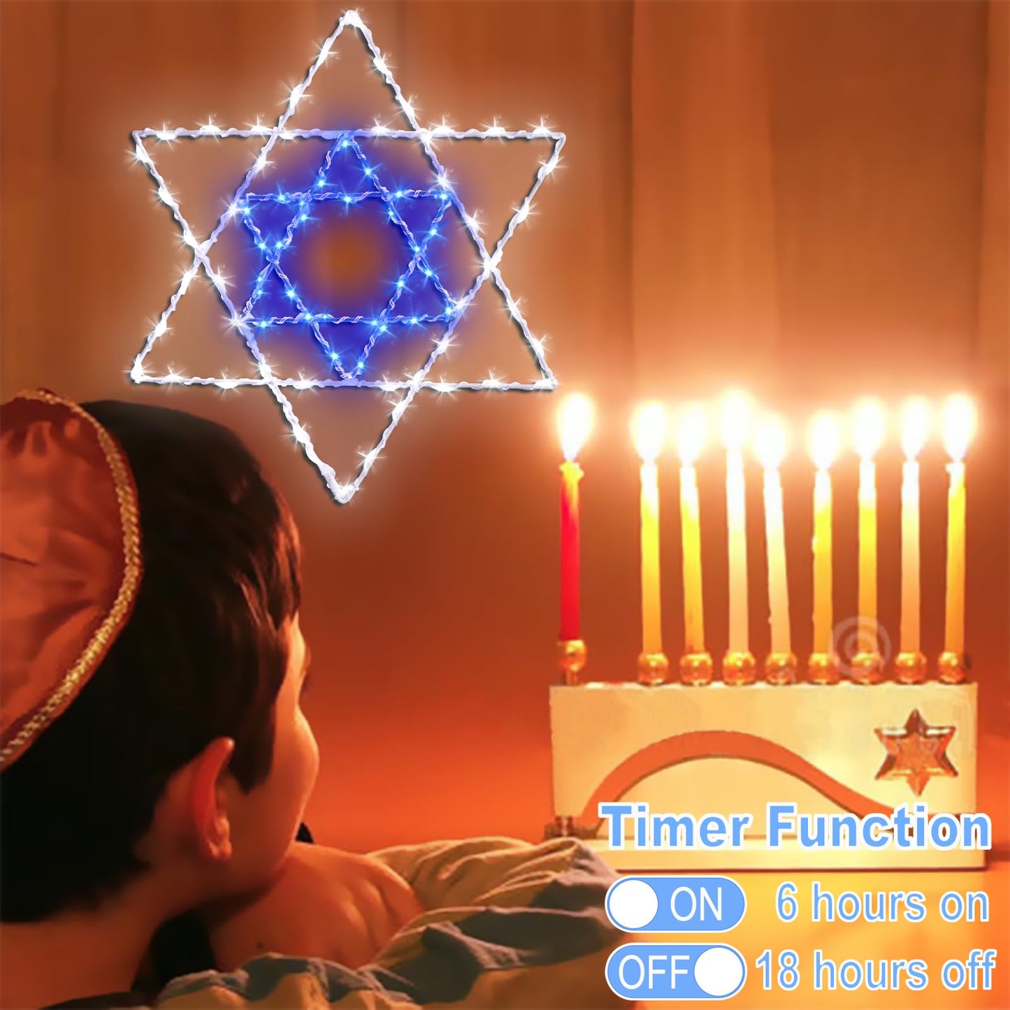 Hanukkah Window Silhouette Lights, 8 Lighting Modes USB Powered White Blue Star of David Hanging Chanukkah Lights with Iron Frame 11.8 x 10 Inch, 40 LEDs for Indoor Decor（1PACK）