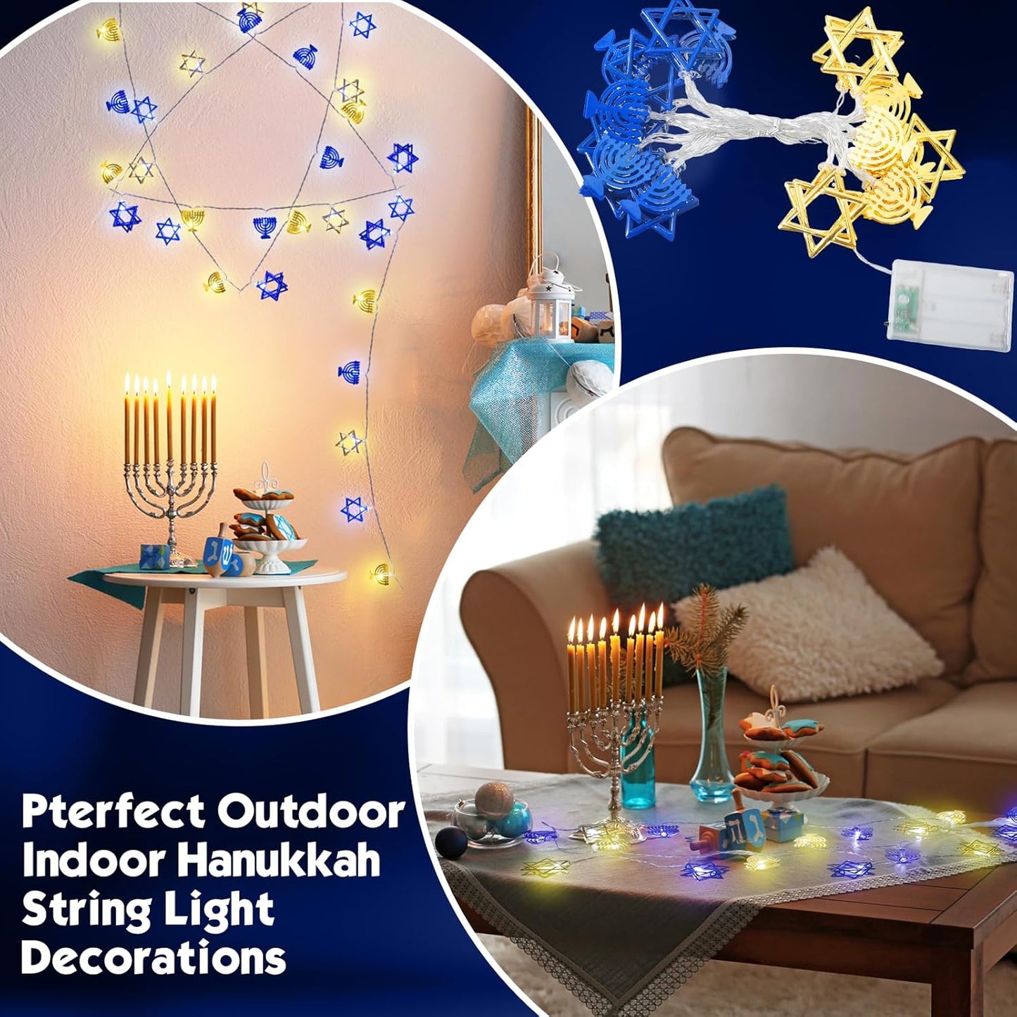 Chanukah Decorative String Lights, 10 Feet 20 Led Battery Operated Menorah Star of David String Lights Hanukkah Decoration for Jewish Judaism Passover Rosh Hashana Party Decor