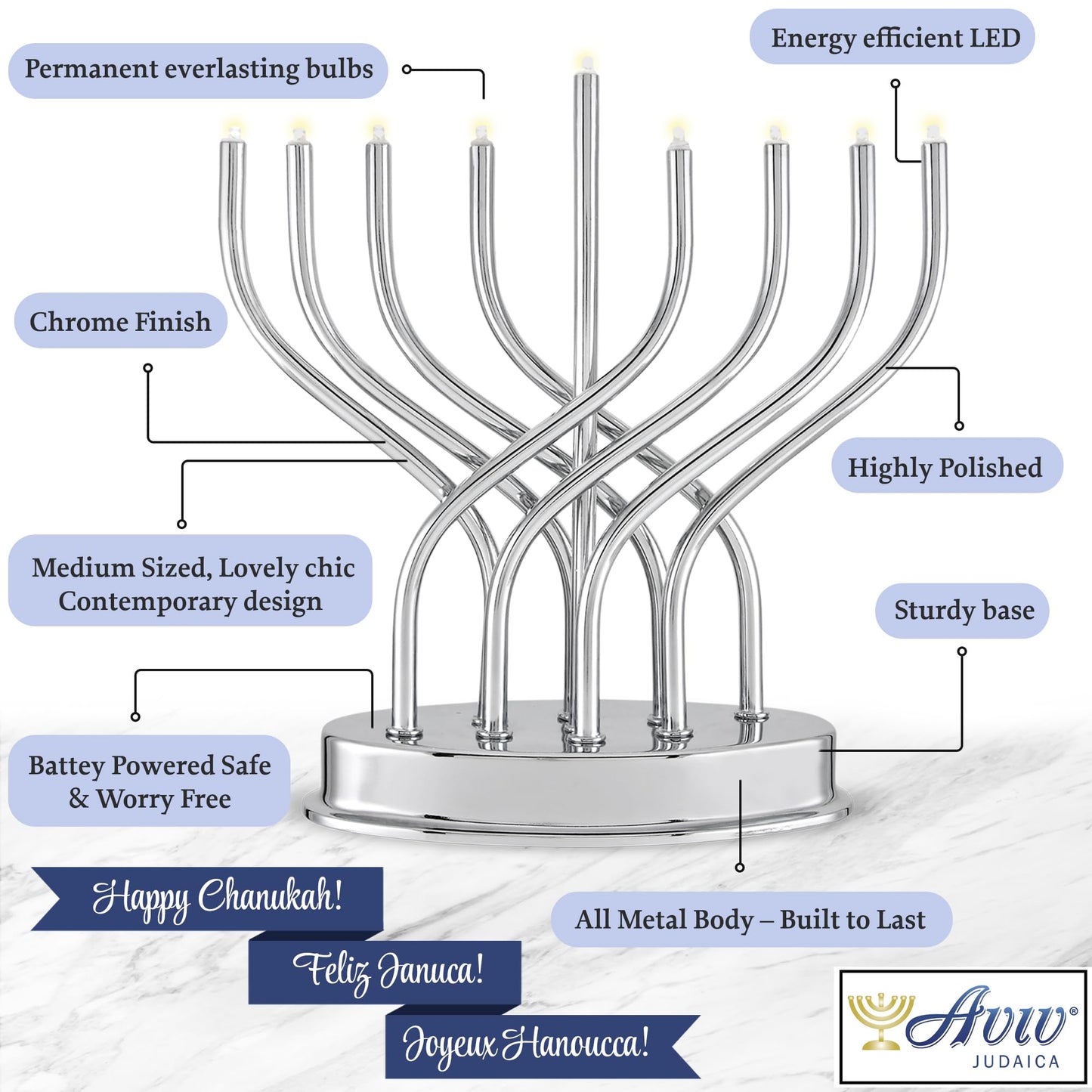 Traditional Hanukkah Electric Menorah Low Voltage Hanukkiah with LED Bulbs Contemporary Metal Electronic Chanukiah Battery Powered Chanukah Lights by Aviv Judaica (Shiny Gold/Brass)