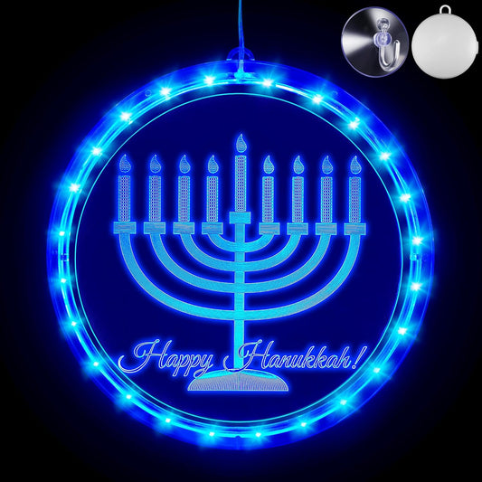 Hiboom Hanukkah Decorations Blue Chanukah Window Lights Battery Operated Chanukah LED Lights for Jews Judaism Synagogue Passover Shabbat Christmas Home Ornament Indoor Outdoor Decor, Menorah Style