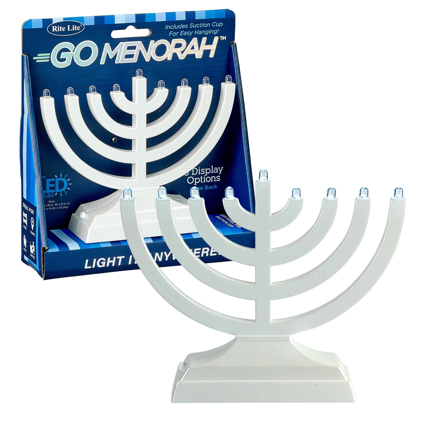 Rite Lite Go Menorah Mini Metallic Electric Menorah - LED Battery/USB Powered Chanukah Menorah Jewish Holiday - Office Car Home Decorations Judaica Hanukkah Gifts, Push Button Multi Light - Blue