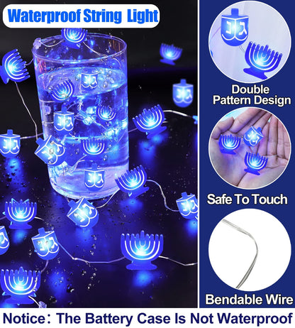 TURNMEON Timer 10 Ft 20 LED Hanukkah Decorations Menorah Dreidel String Lights Blue Fairy Twinkle Lights Battery Operated for Jewish Jews Synagogue Judaism Bedroom Party Candelabra Chanukah Decor