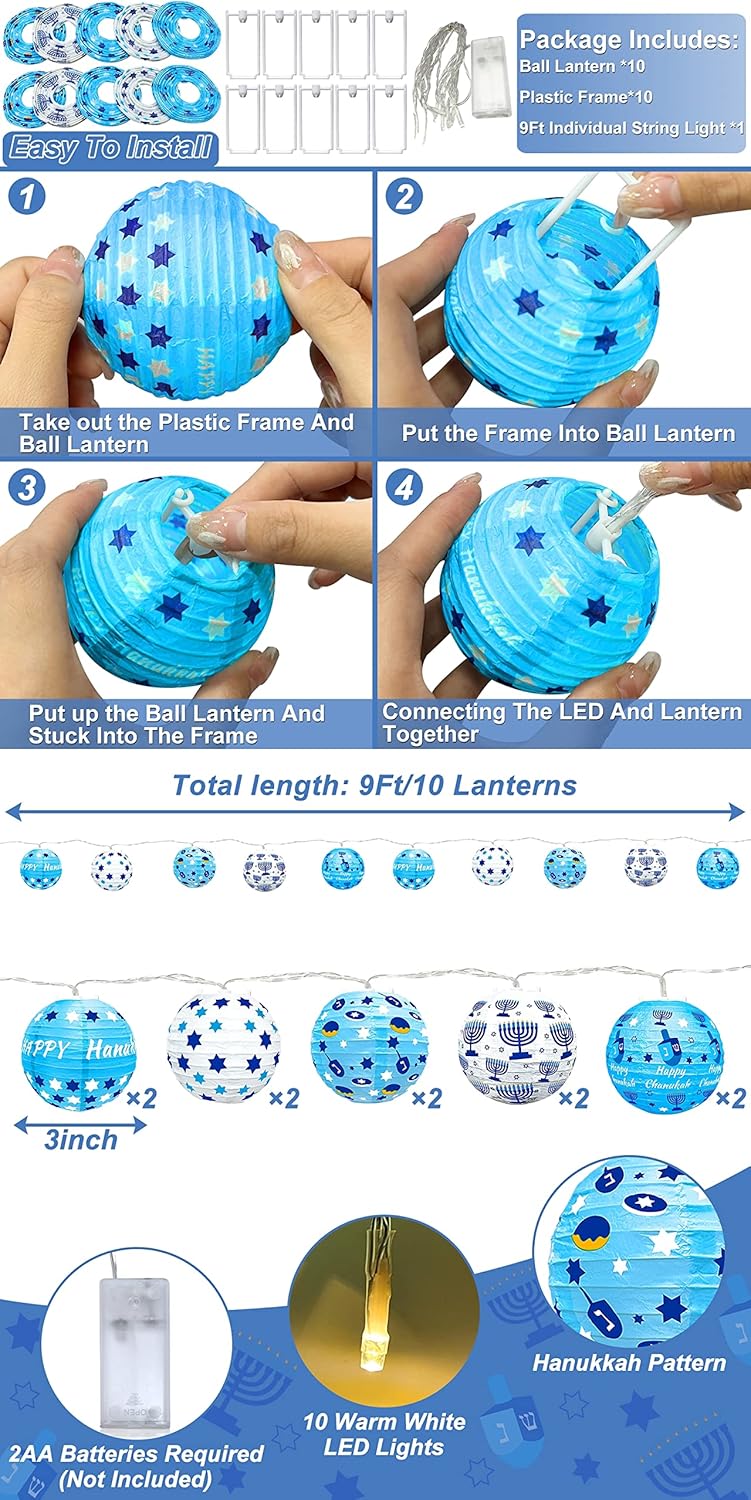 TURNMEON 9FT 10LED Hanukkah Decorations Hanukkah Lights Battery Operated Chanukah String Lights 3 Inch Hanukkah Round Paper Lanterns String Lights Chanukah Decoration Jewsih Decor Judaism Party Indoor