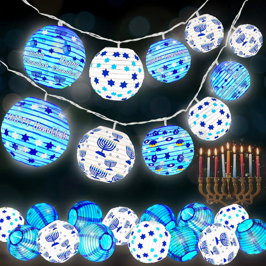 TURNMEON 9FT 10LED Hanukkah Decorations Hanukkah Lights Battery Operated Chanukah String Lights 3 Inch Hanukkah Round Paper Lanterns String Lights Chanukah Decoration Jewsih Decor Judaism Party Indoor