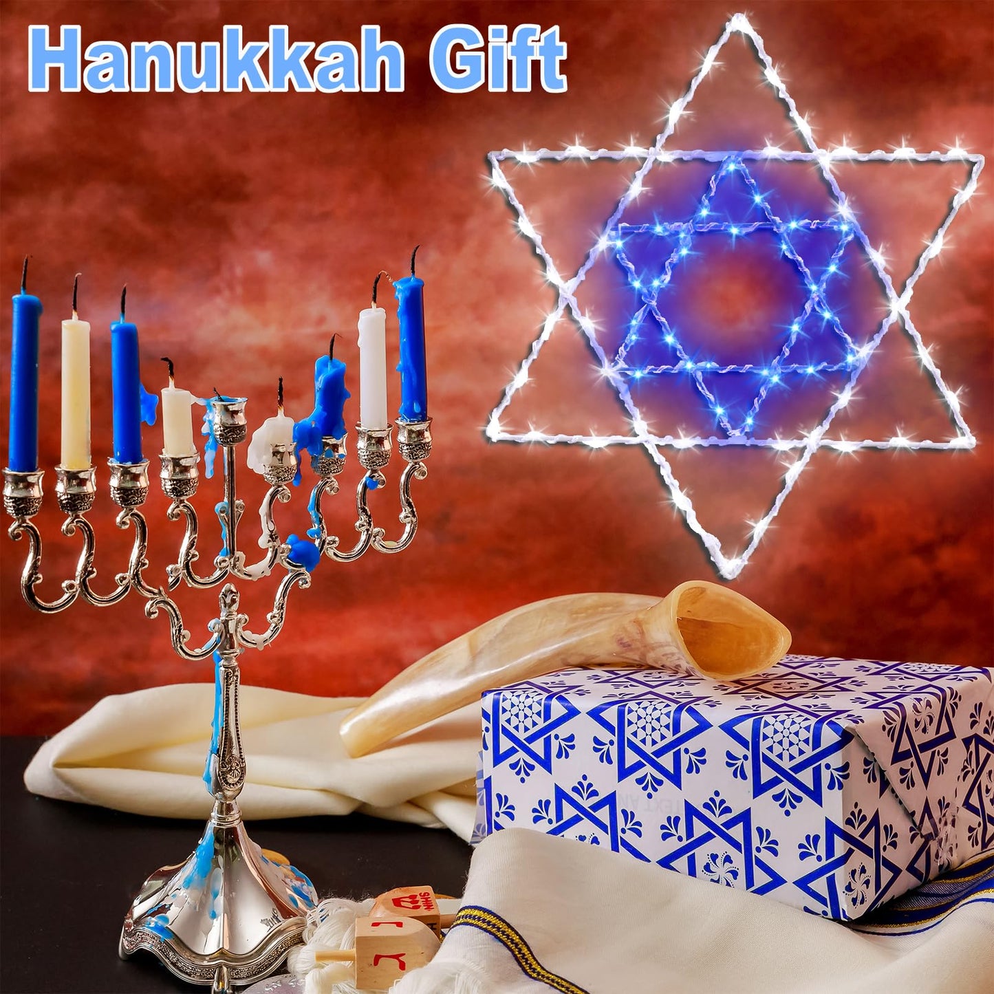 Hanukkah Window Silhouette Lights, 8 Lighting Modes USB Powered White Blue Star of David Hanging Chanukkah Lights with Iron Frame 11.8 x 10 Inch, 40 LEDs for Indoor Decor（1PACK）