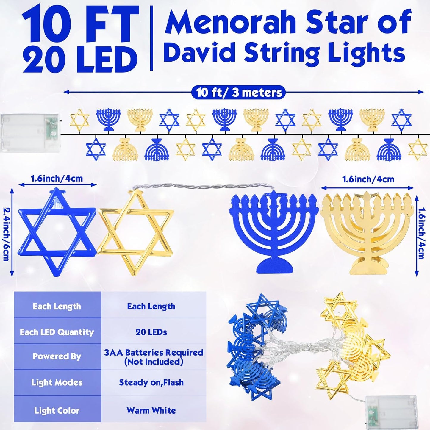 Chanukah Decorative String Lights, 10 Feet 20 Led Battery Operated Menorah Star of David String Lights Hanukkah Decoration for Jewish Judaism Passover Rosh Hashana Party Decor