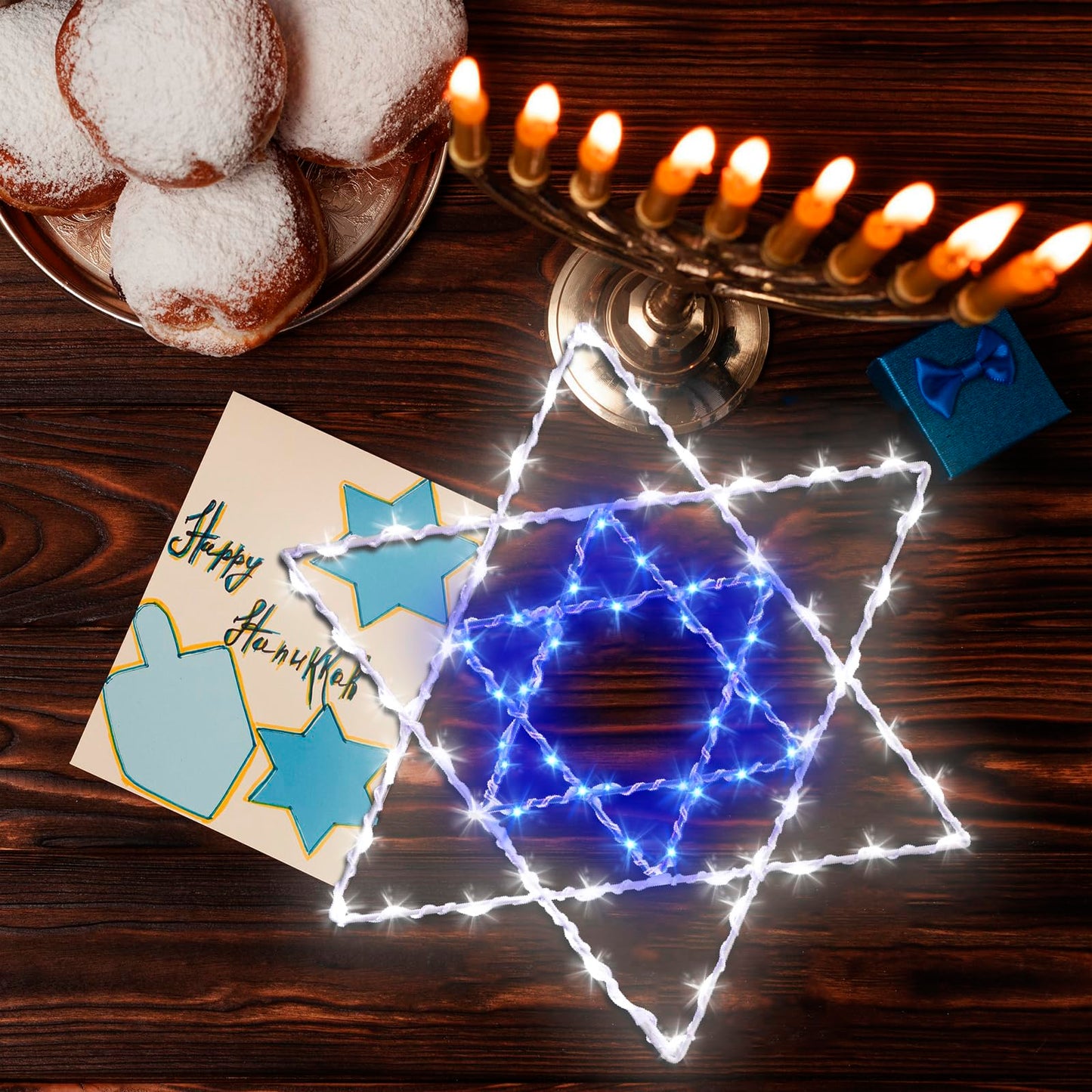 Hanukkah Window Silhouette Lights, 8 Lighting Modes USB Powered White Blue Star of David Hanging Chanukkah Lights with Iron Frame 11.8 x 10 Inch, 40 LEDs for Indoor Decor（1PACK）