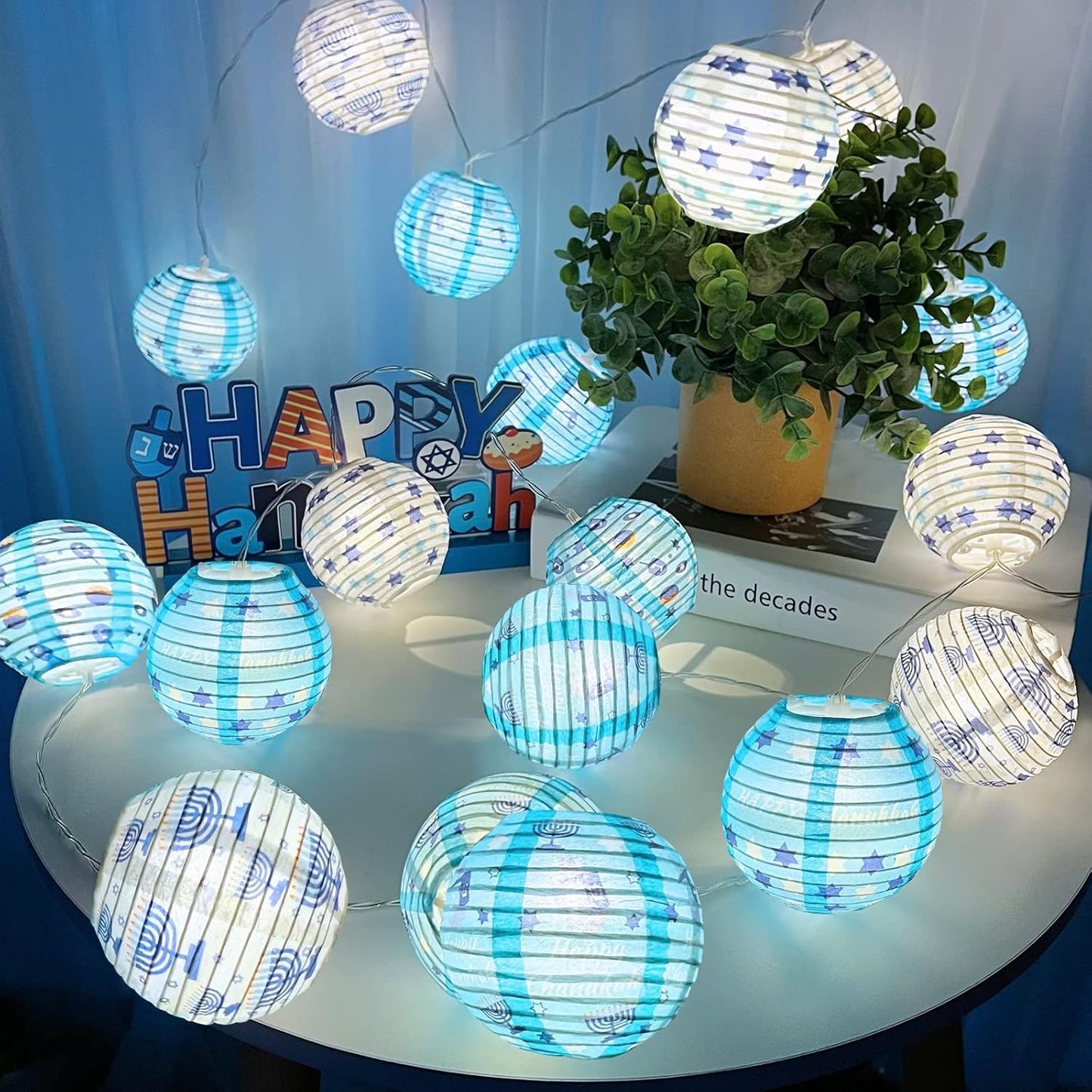 TURNMEON 9FT 10LED Hanukkah Decorations Hanukkah Lights Battery Operated Chanukah String Lights 3 Inch Hanukkah Round Paper Lanterns String Lights Chanukah Decoration Jewsih Decor Judaism Party Indoor
