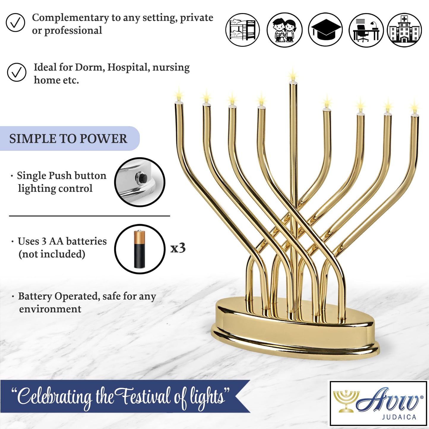 Traditional Hanukkah Electric Menorah Low Voltage Hanukkiah with LED Bulbs Contemporary Metal Electronic Chanukiah Battery Powered Chanukah Lights by Aviv Judaica (Shiny Gold/Brass)