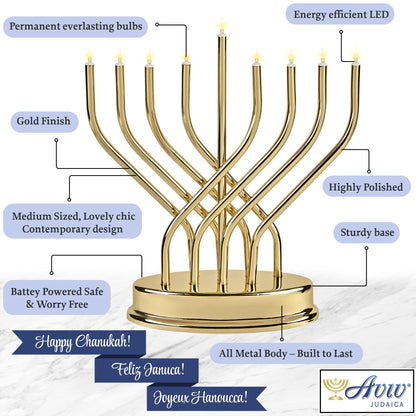 Traditional Hanukkah Electric Menorah Low Voltage Hanukkiah with LED Bulbs Contemporary Metal Electronic Chanukiah Battery Powered Chanukah Lights by Aviv Judaica (Shiny Gold/Brass)