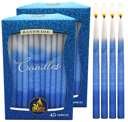 Dripless Chanukah Candles Standard Size - Decorated Ombre Blue & White Hanukkah Candles Fits Most Menorahs - Premium Quality Wax - 45 Count for All 8 Nights of Hanukkah - by Ner Mitzvah