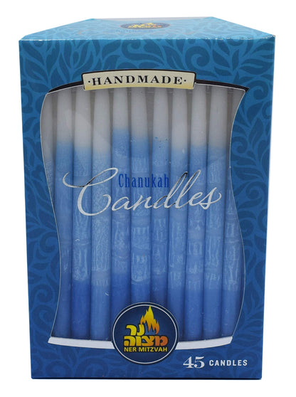 Dripless Chanukah Candles Standard Size - Decorated Ombre Blue & White Hanukkah Candles Fits Most Menorahs - Premium Quality Wax - 45 Count for All 8 Nights of Hanukkah - by Ner Mitzvah