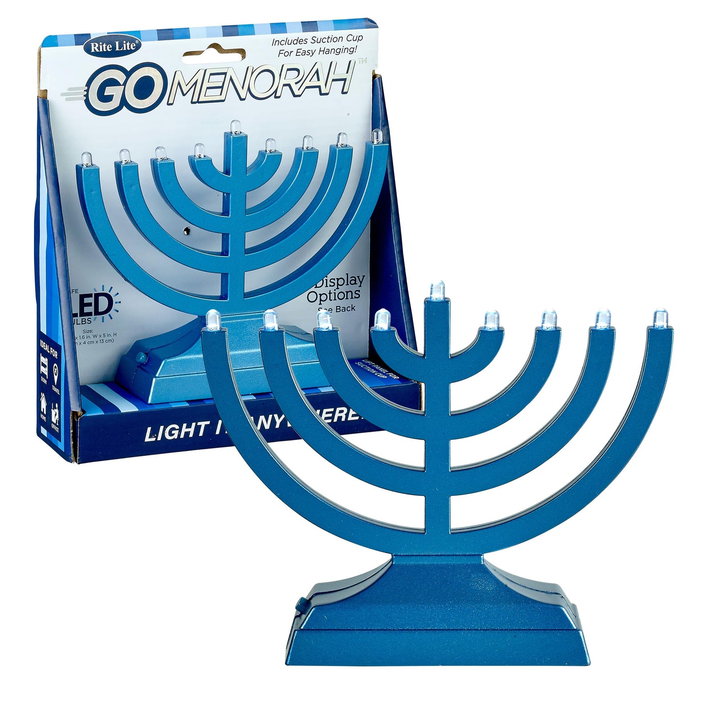 Rite Lite Go Menorah Mini Metallic Electric Menorah - LED Battery/USB Powered Chanukah Menorah Jewish Holiday - Office Car Home Decorations Judaica Hanukkah Gifts, Push Button Multi Light - Blue